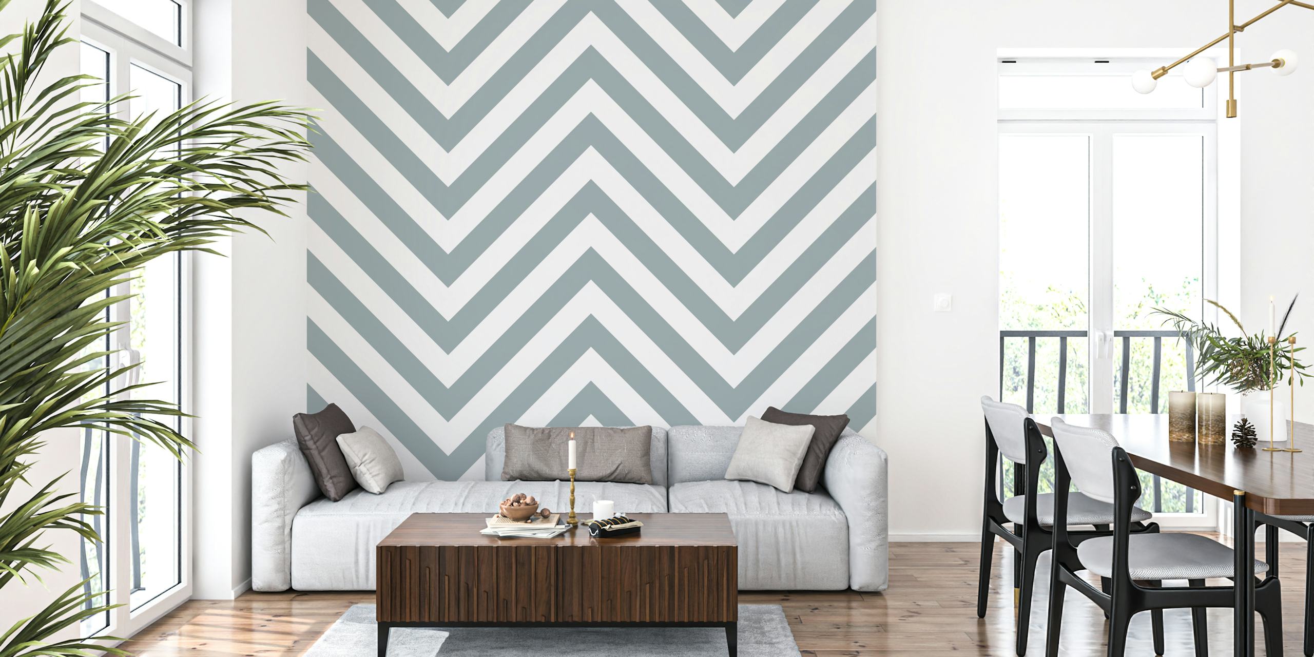 White and Duck Egg Blue Chevron Pattern Wall Mural