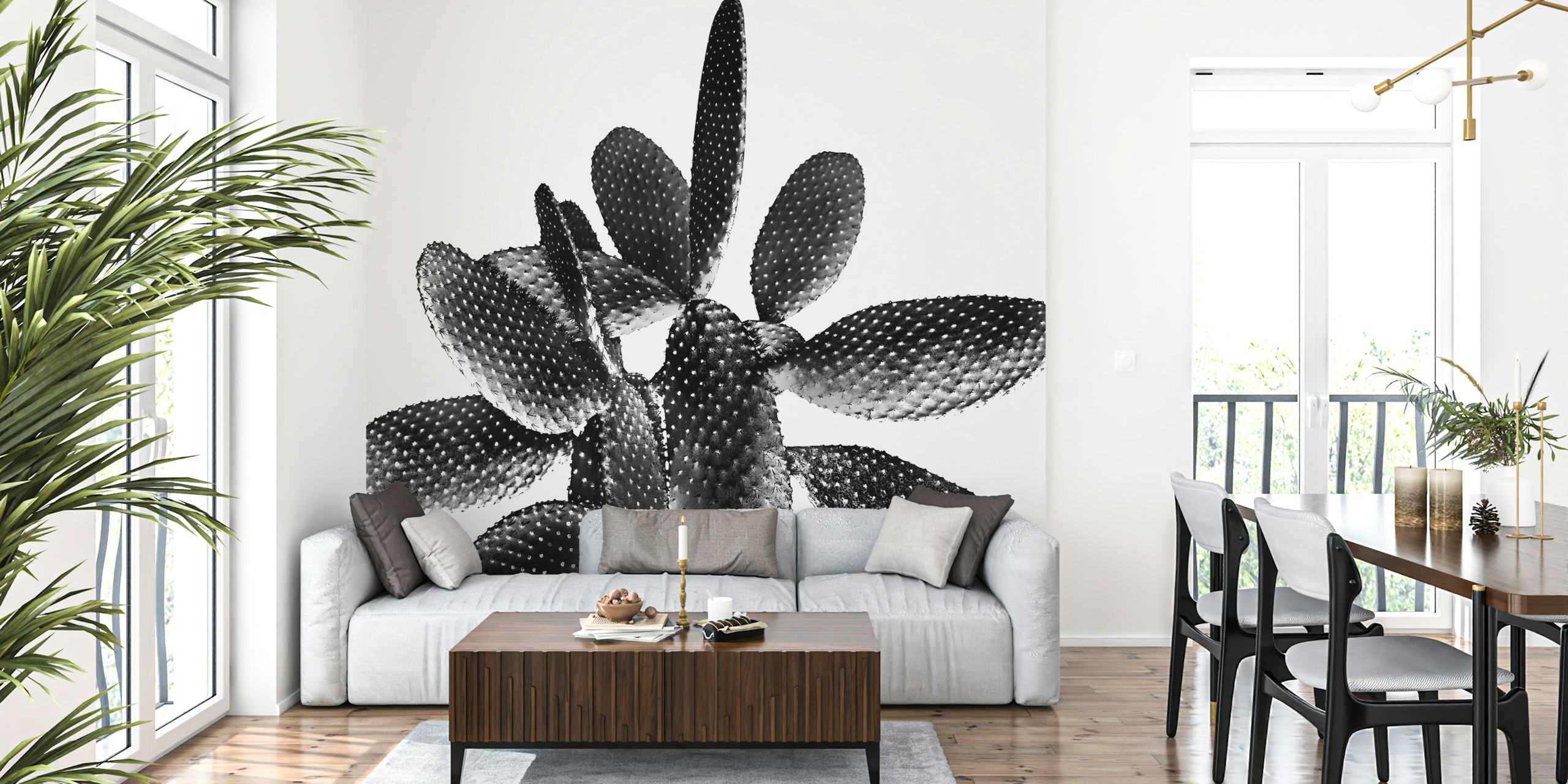 Black and white close-up of cactus wall mural design