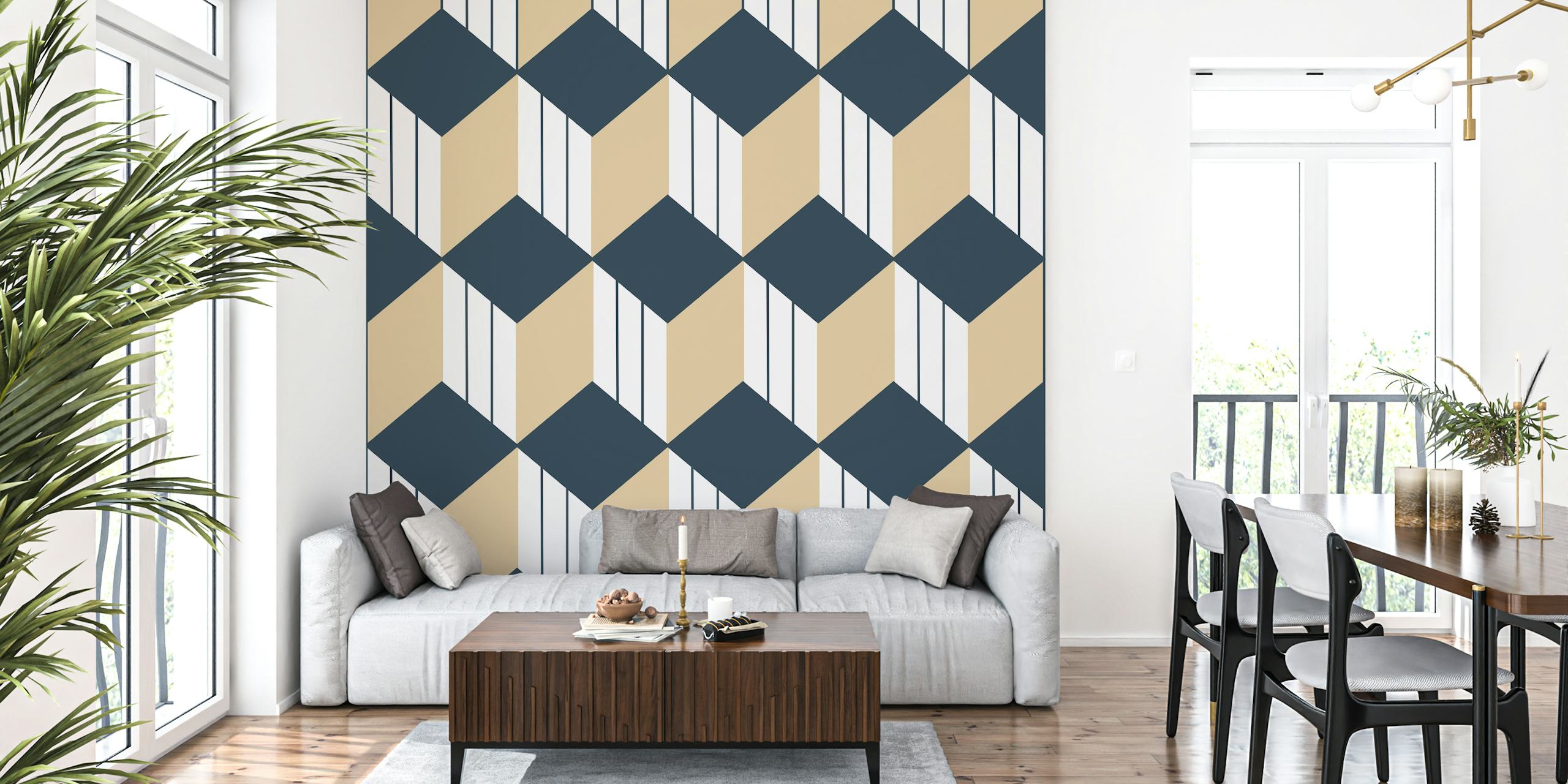 Mural de pared con patrón de cubos geométricos en carbón, beige y blanco