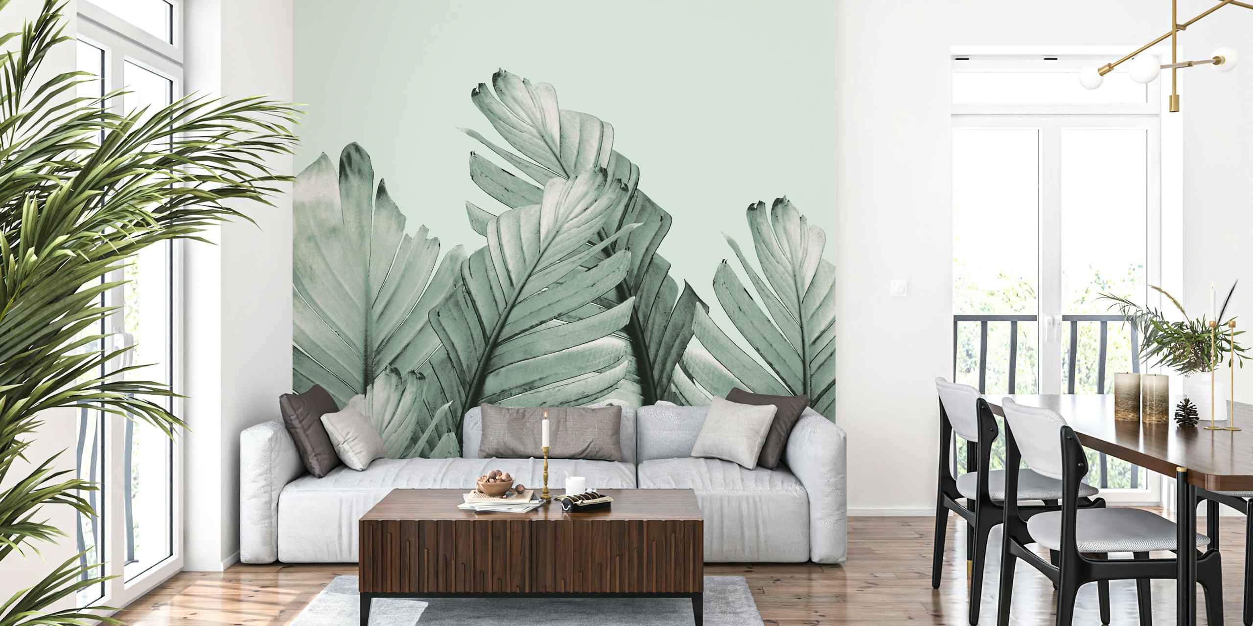 Green banana leaves wallpaper in a room