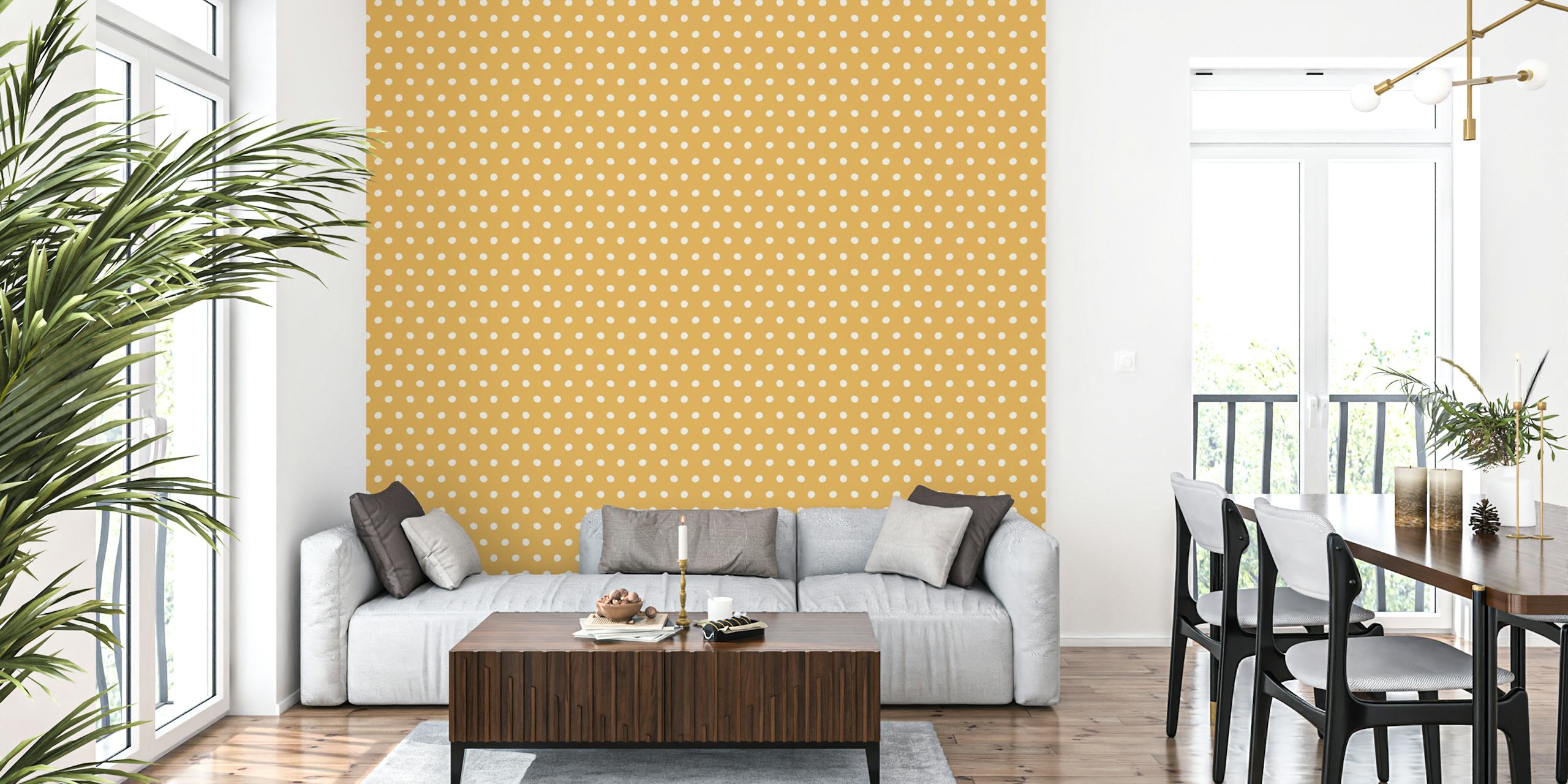 Yellow background with white polka dots wallpaper