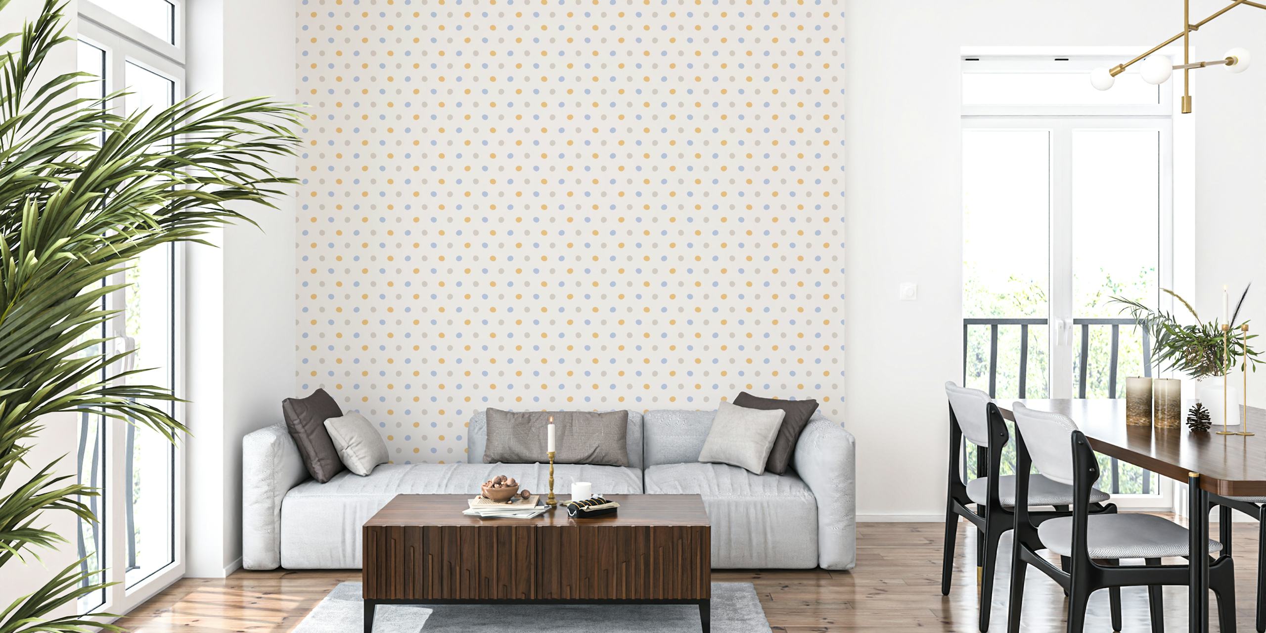 White wallpaper with multicolor dots in blue, yellow, and peach tones, modern dot pattern