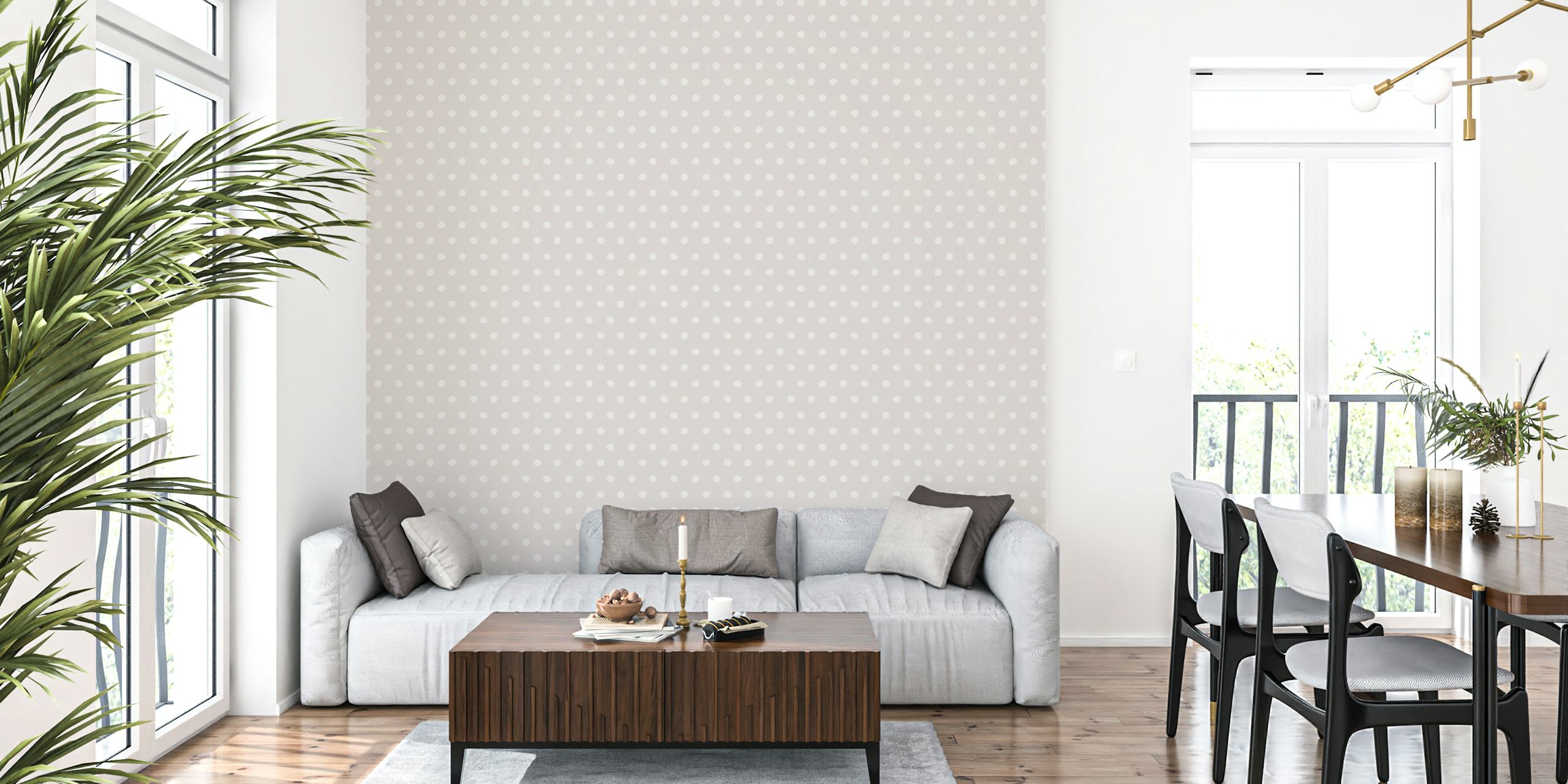 Wonky Dots pehmeä beige tapetti huoneessa