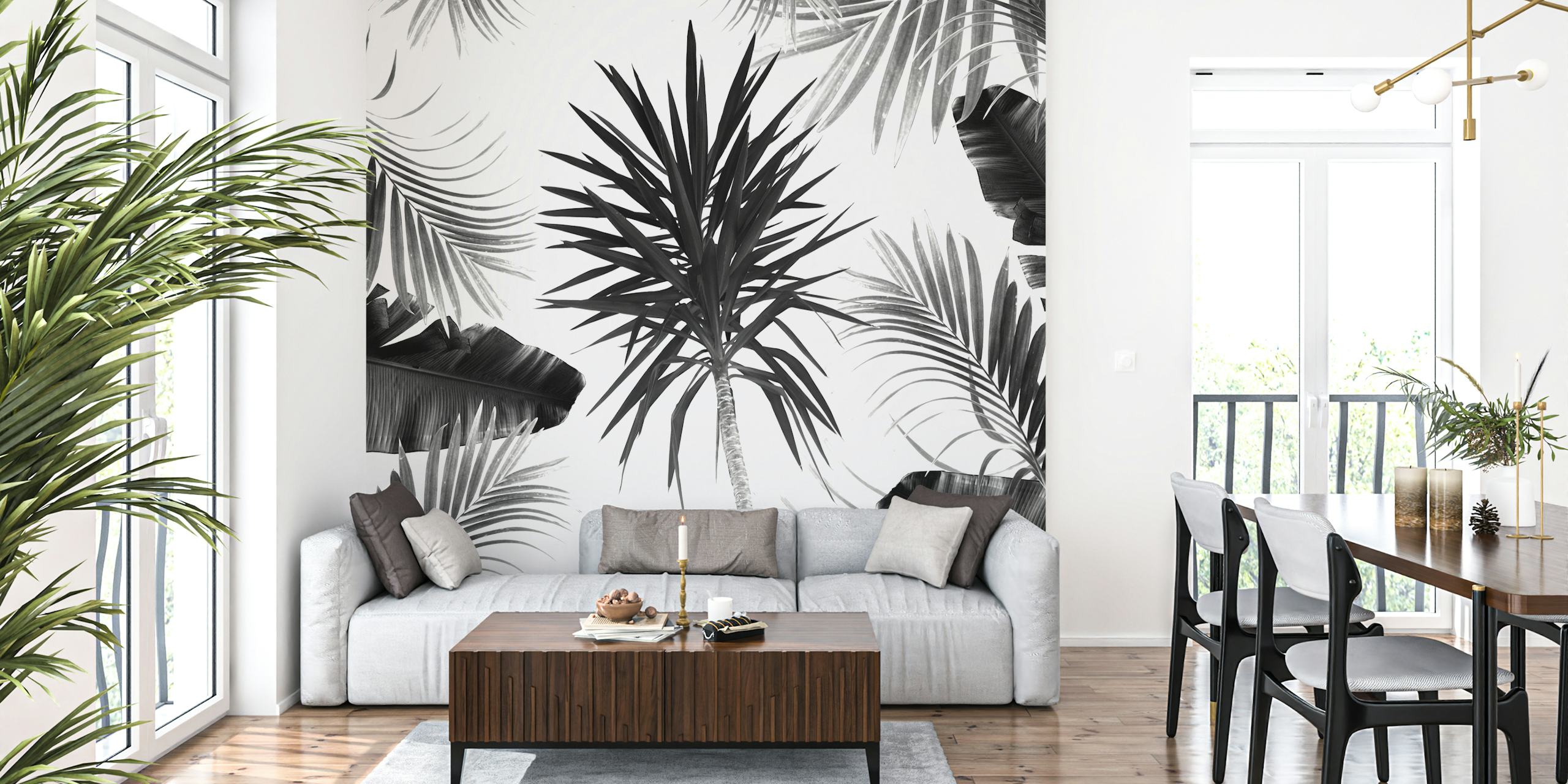 Black and white tropical leaves pattern wallpaper