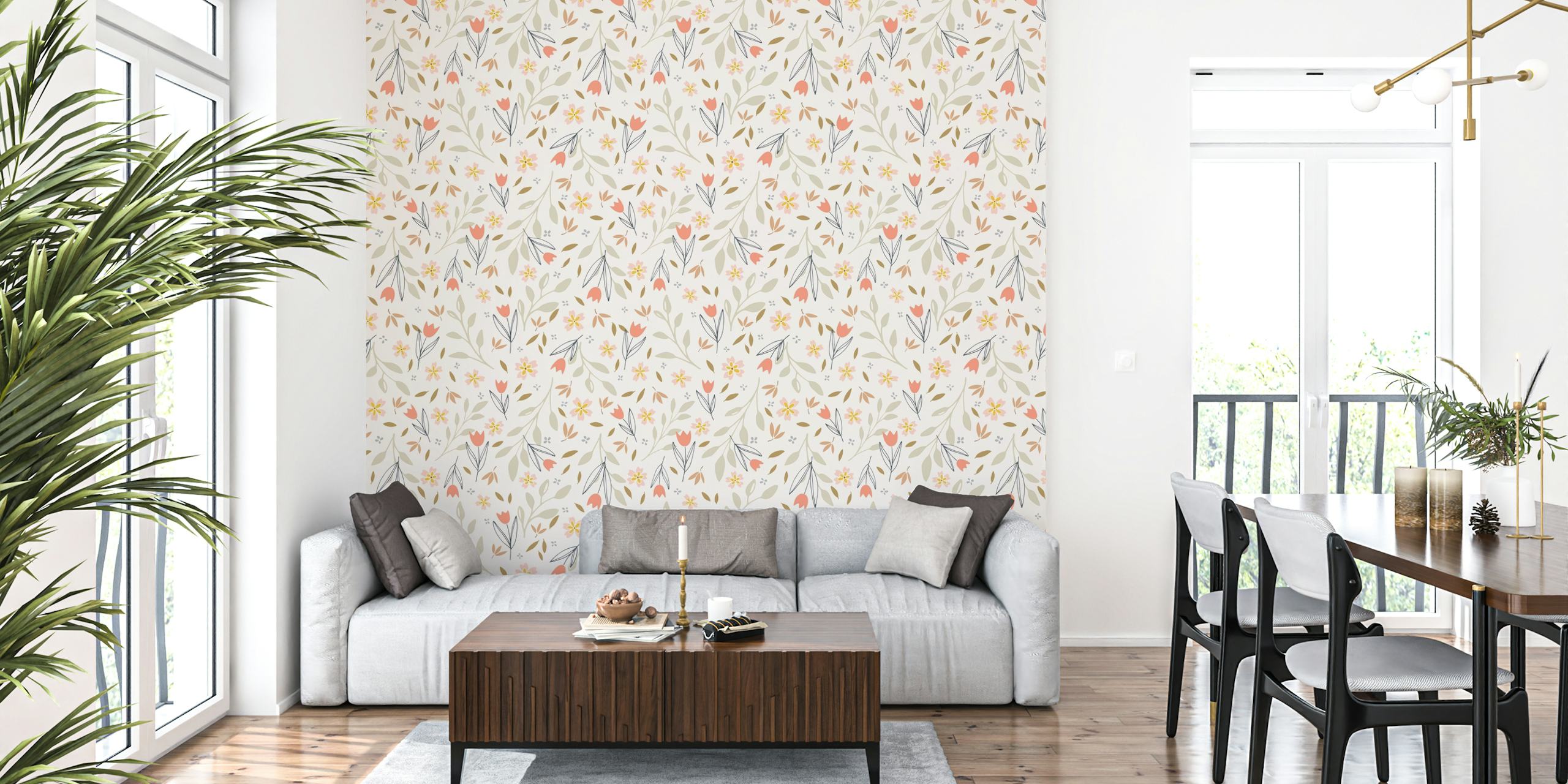 Floral design wallpaper in a bright room