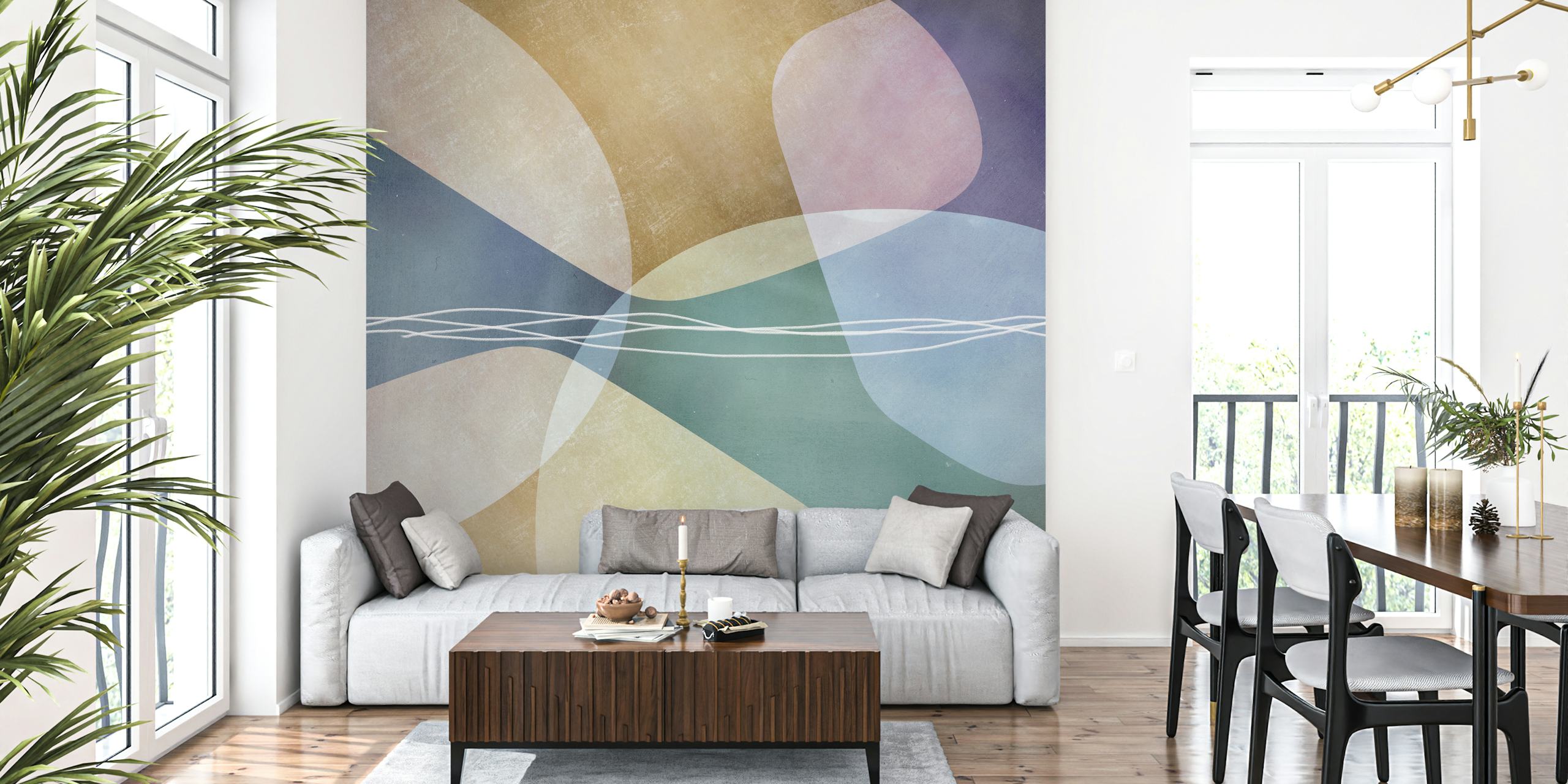 Abstract organic shapes mural with soft pastels in gentle shades of blue, beige, and grey.