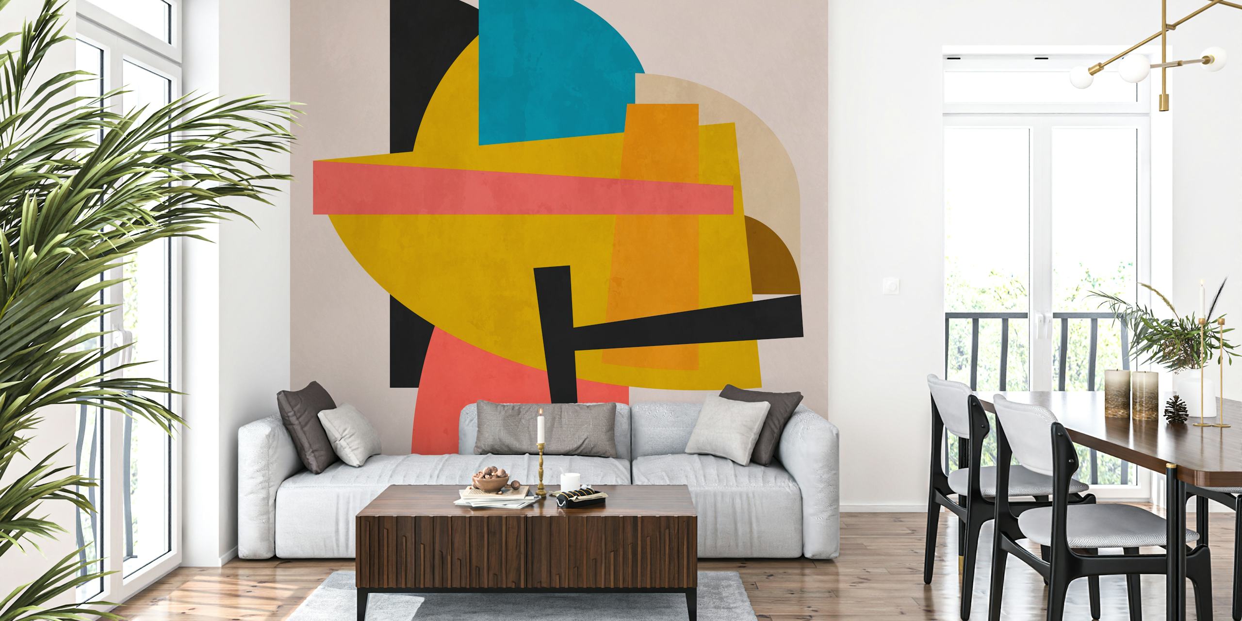 Mural de pared geométrico abstracto con formas superpuestas en negro, azul, amarillo y melocotón