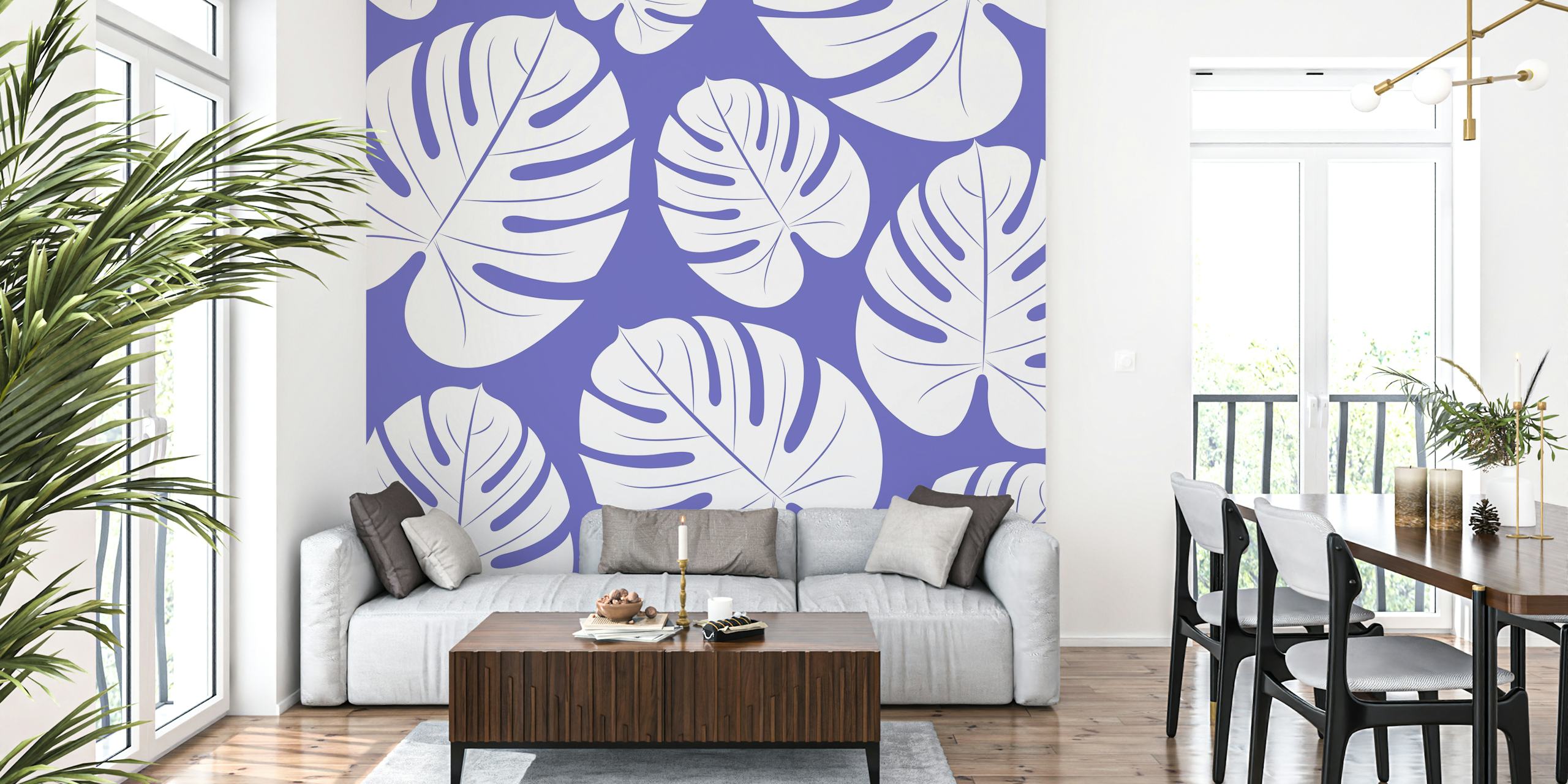 Palm Leaves Very Peri White wall mural design