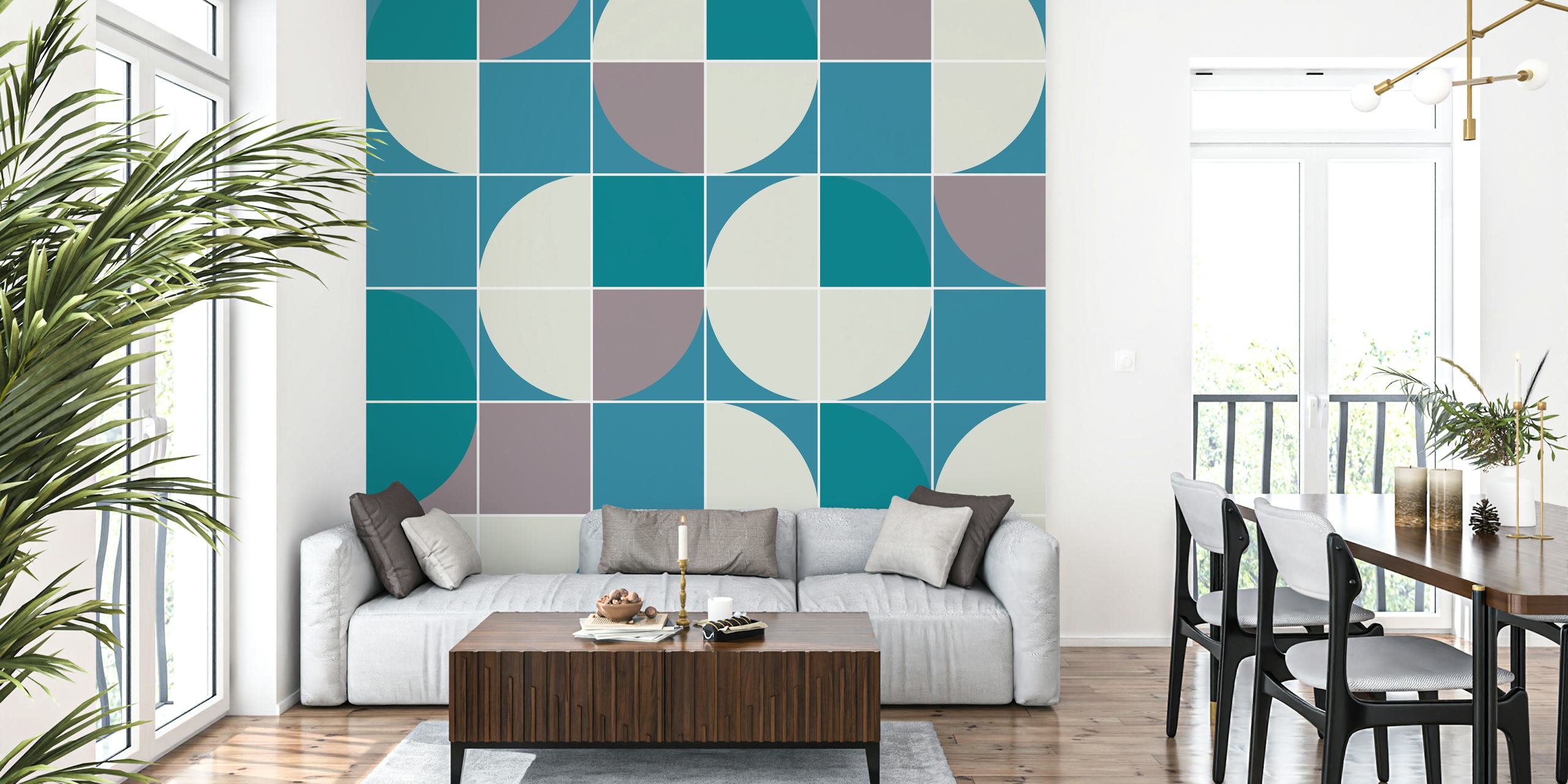 Geometric shapes in teal, ash, and cream colors wallpaper