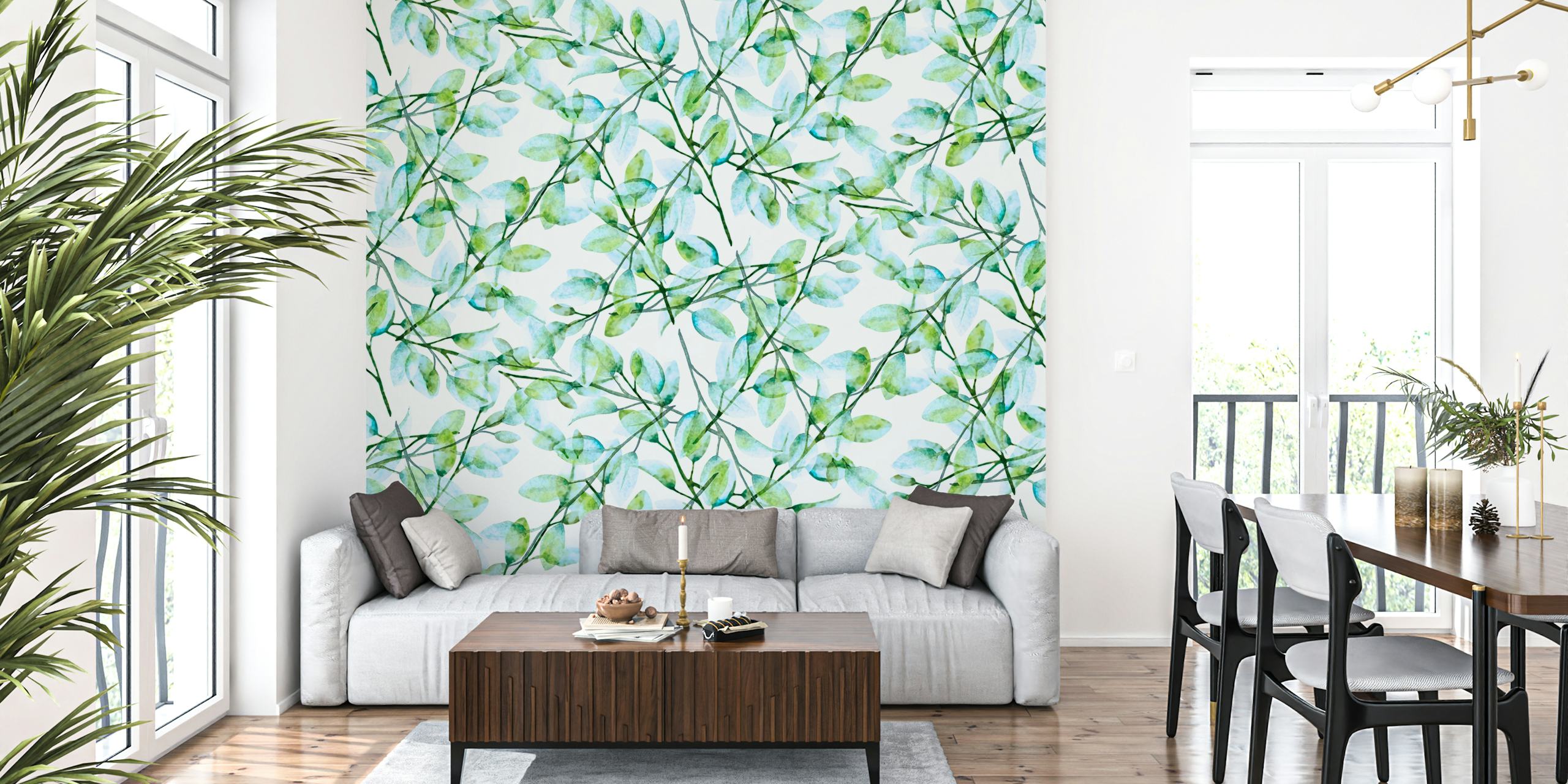 Elegant botanical Delicate Leaves wall mural with green leaves on white background