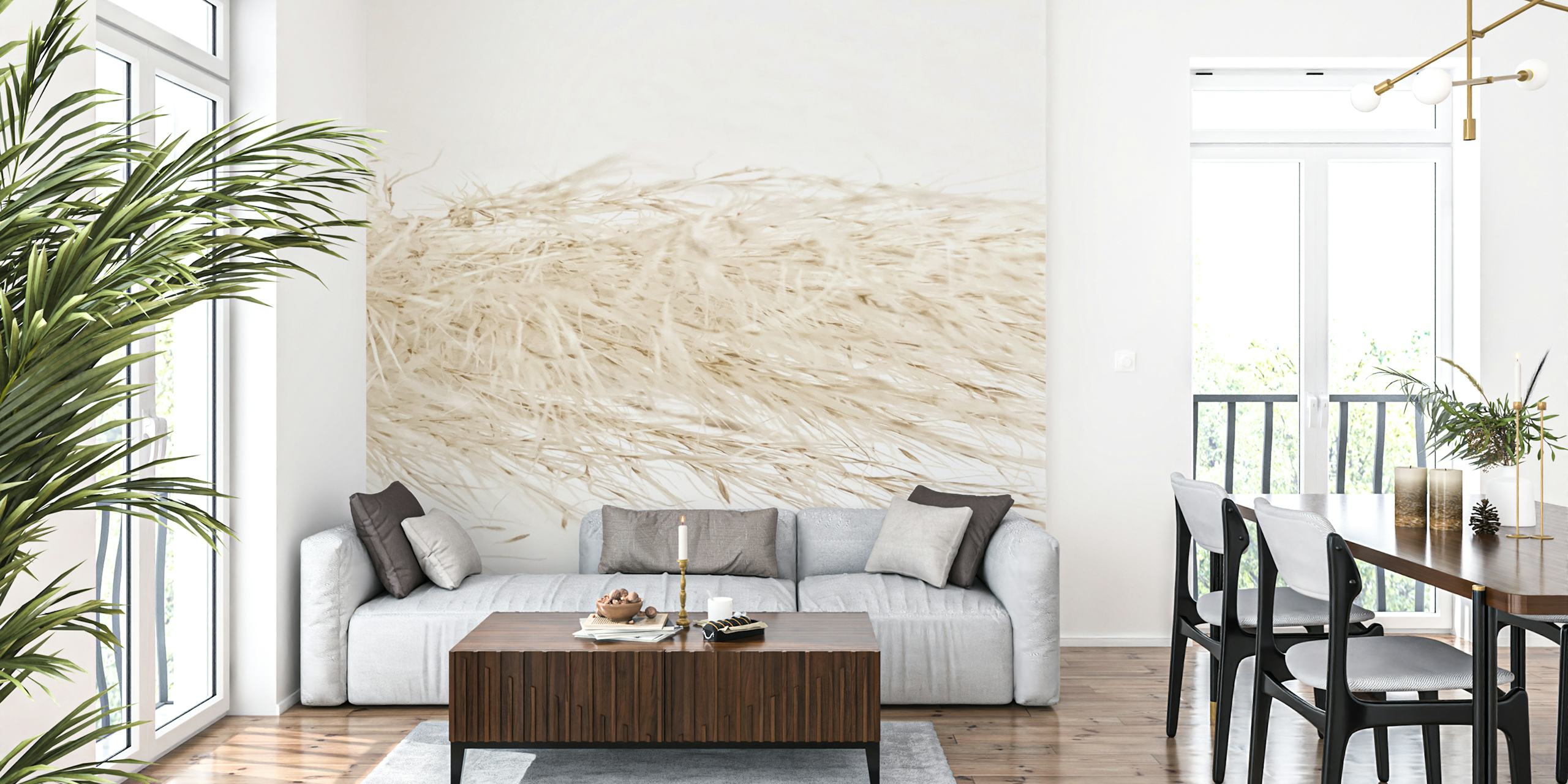 Varm nakentonet boheminspirert veggmaleri med en minimalistisk gresstekstur