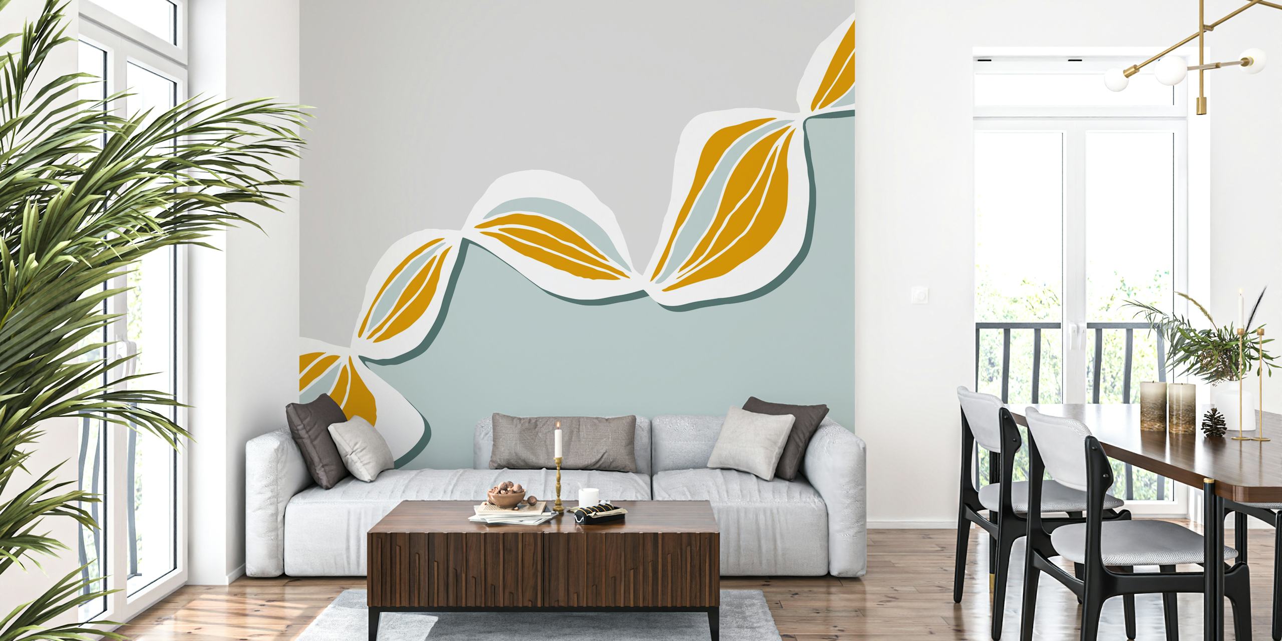 Cream and green floral design with curved patterns wallpaper