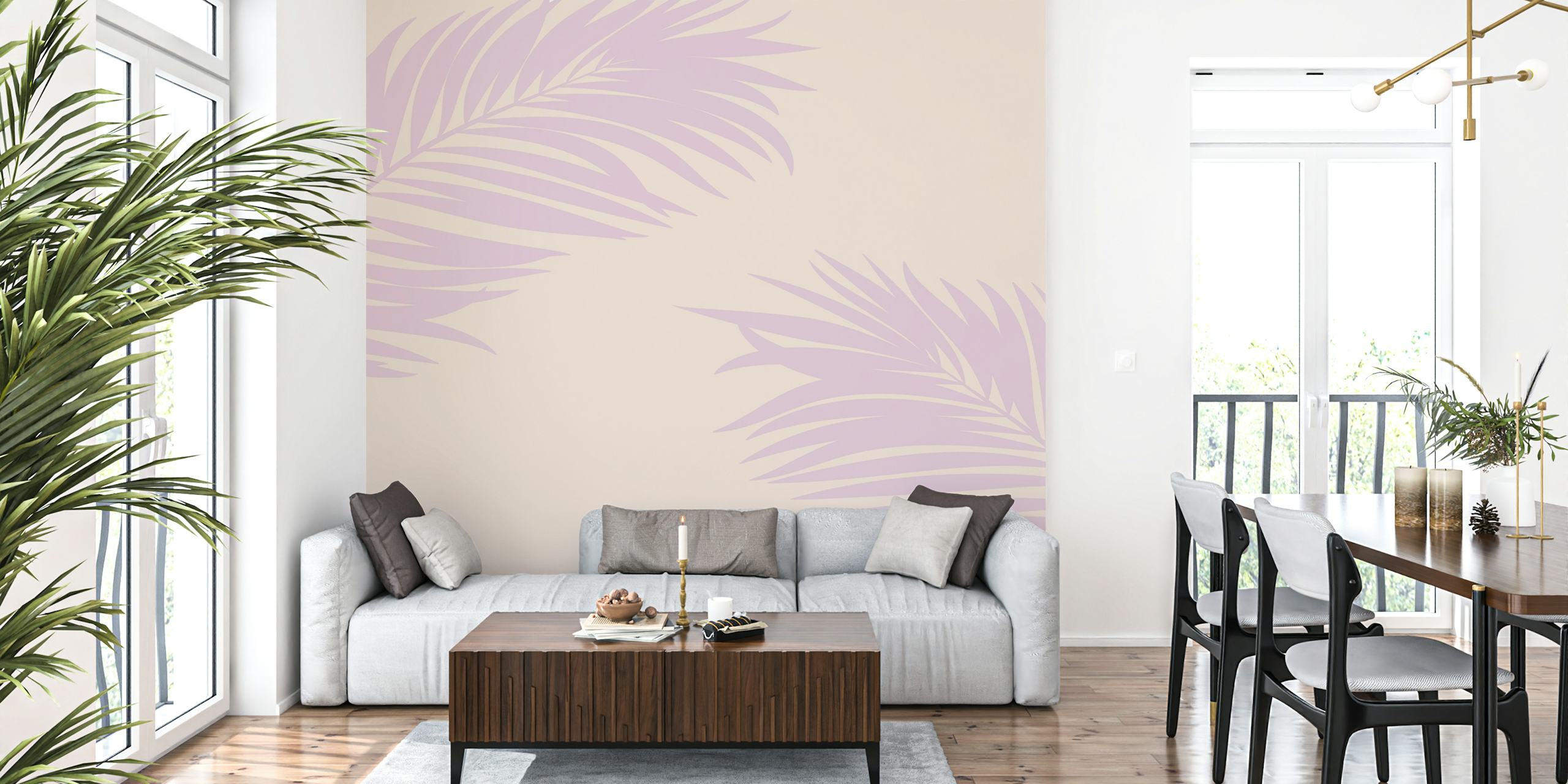 Ταπετσαρία Purple palm leaf σε ένα δωμάτιο