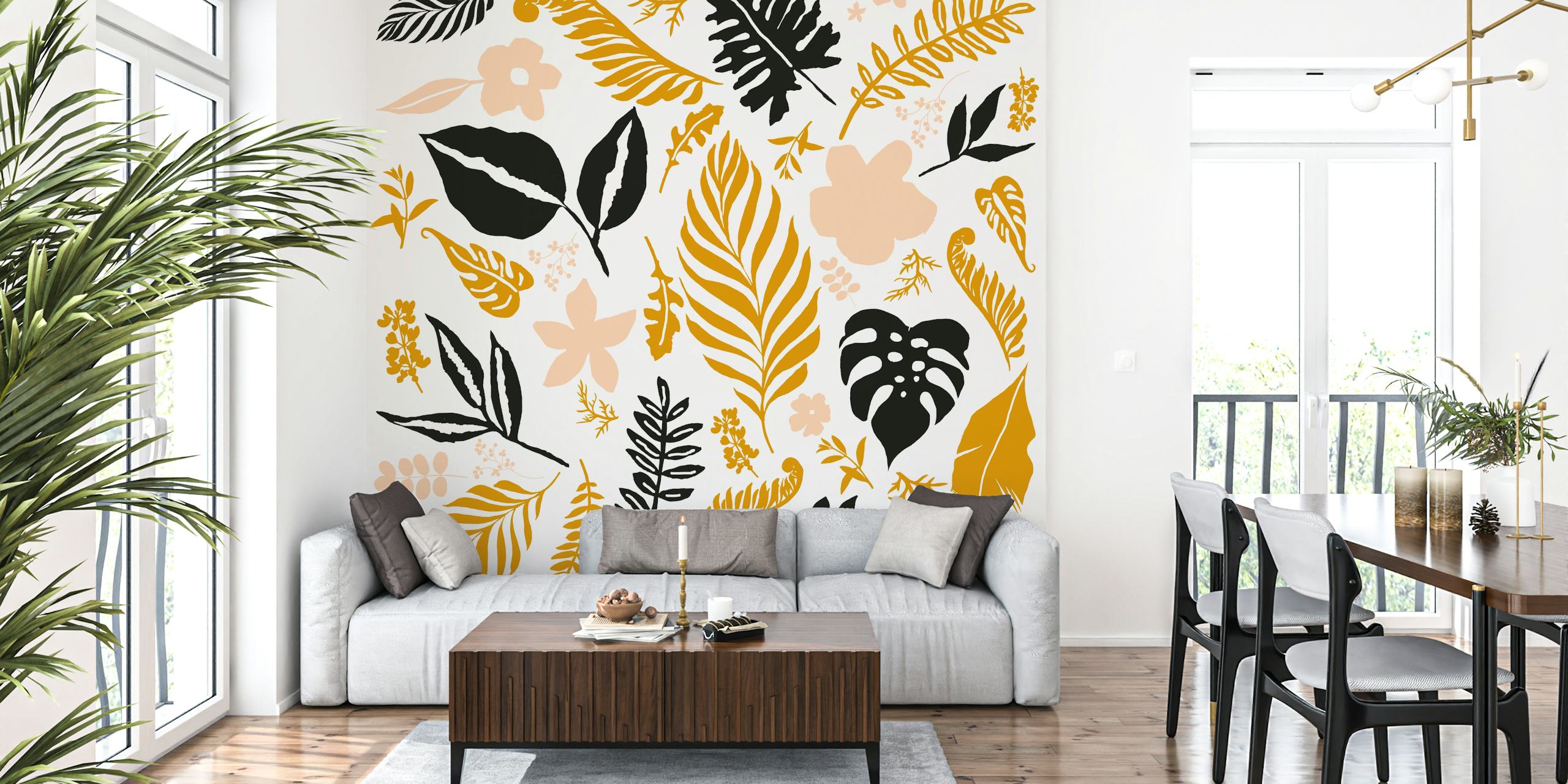 Tropical leaves and flowers in black, gold, and pastel colors wallpaper