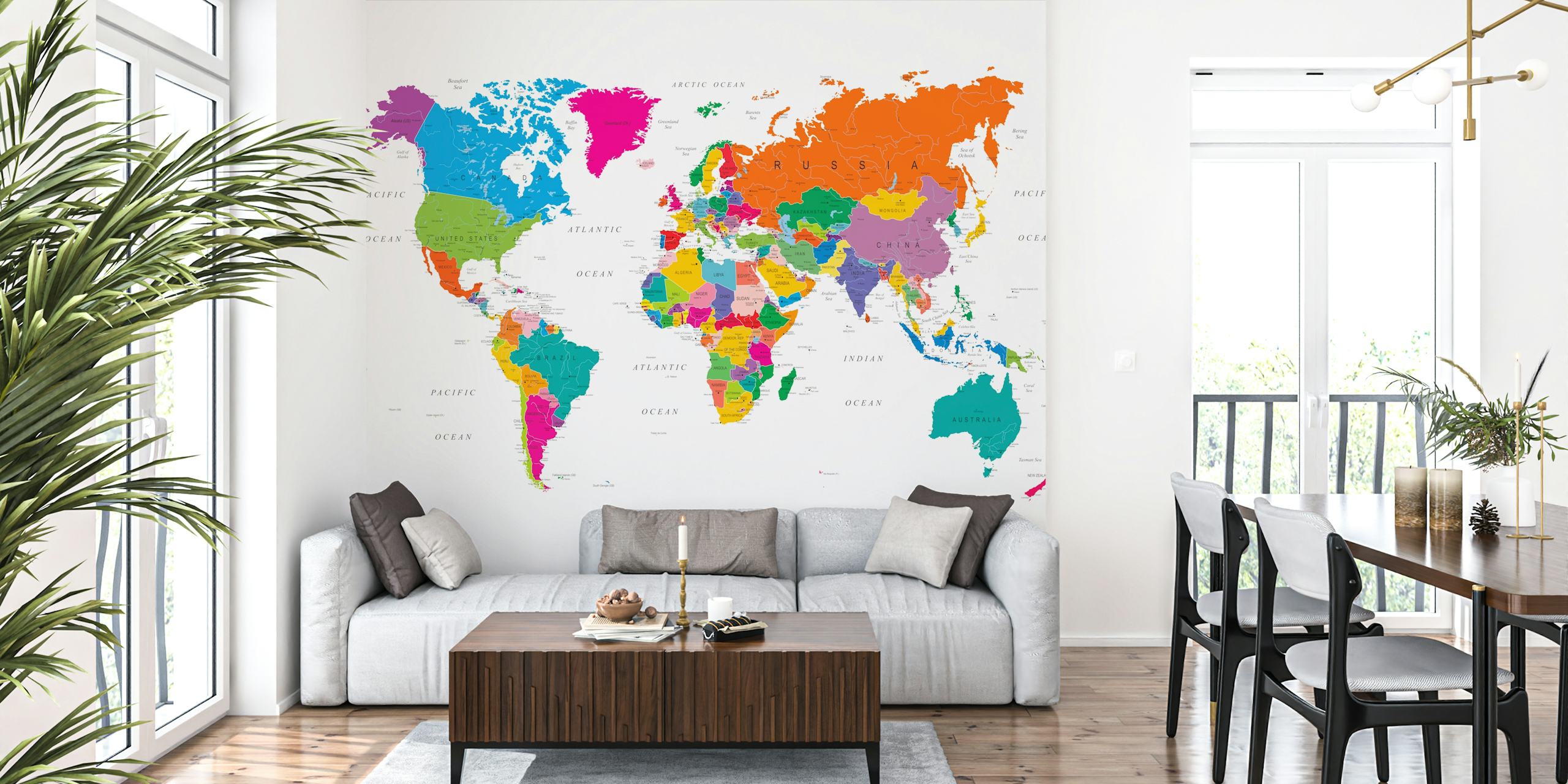 Vibrant colored world map wallpaper for classrooms and kids' rooms