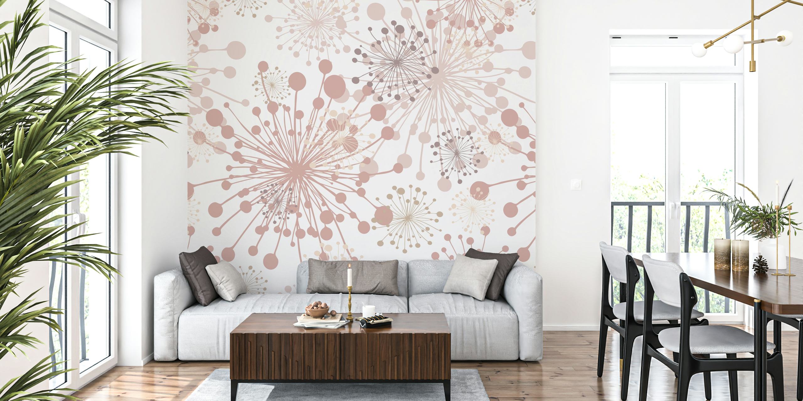 Dandelions white blush beige wallpaper in a room
