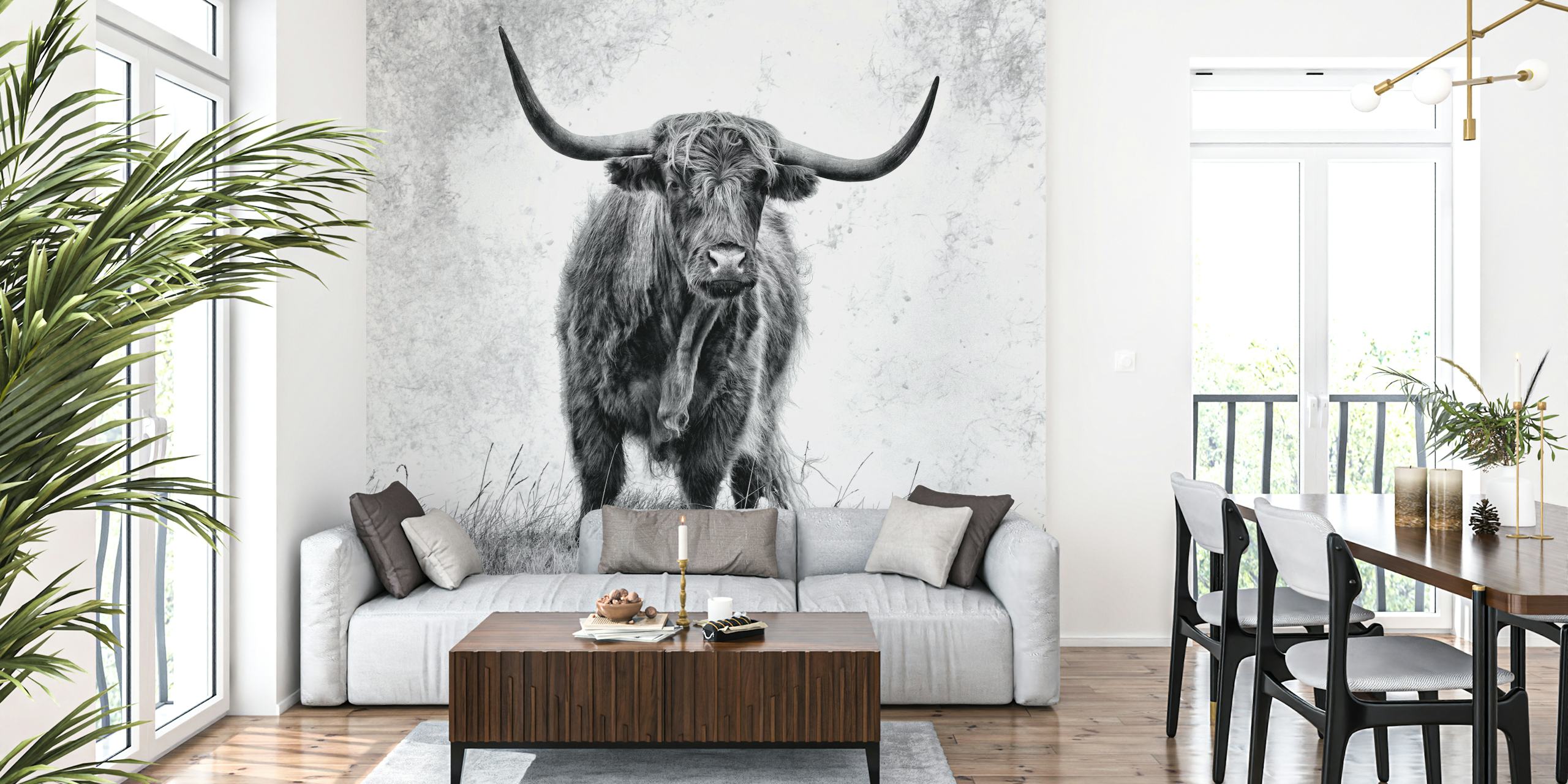 Highland cow wallpaper in a room