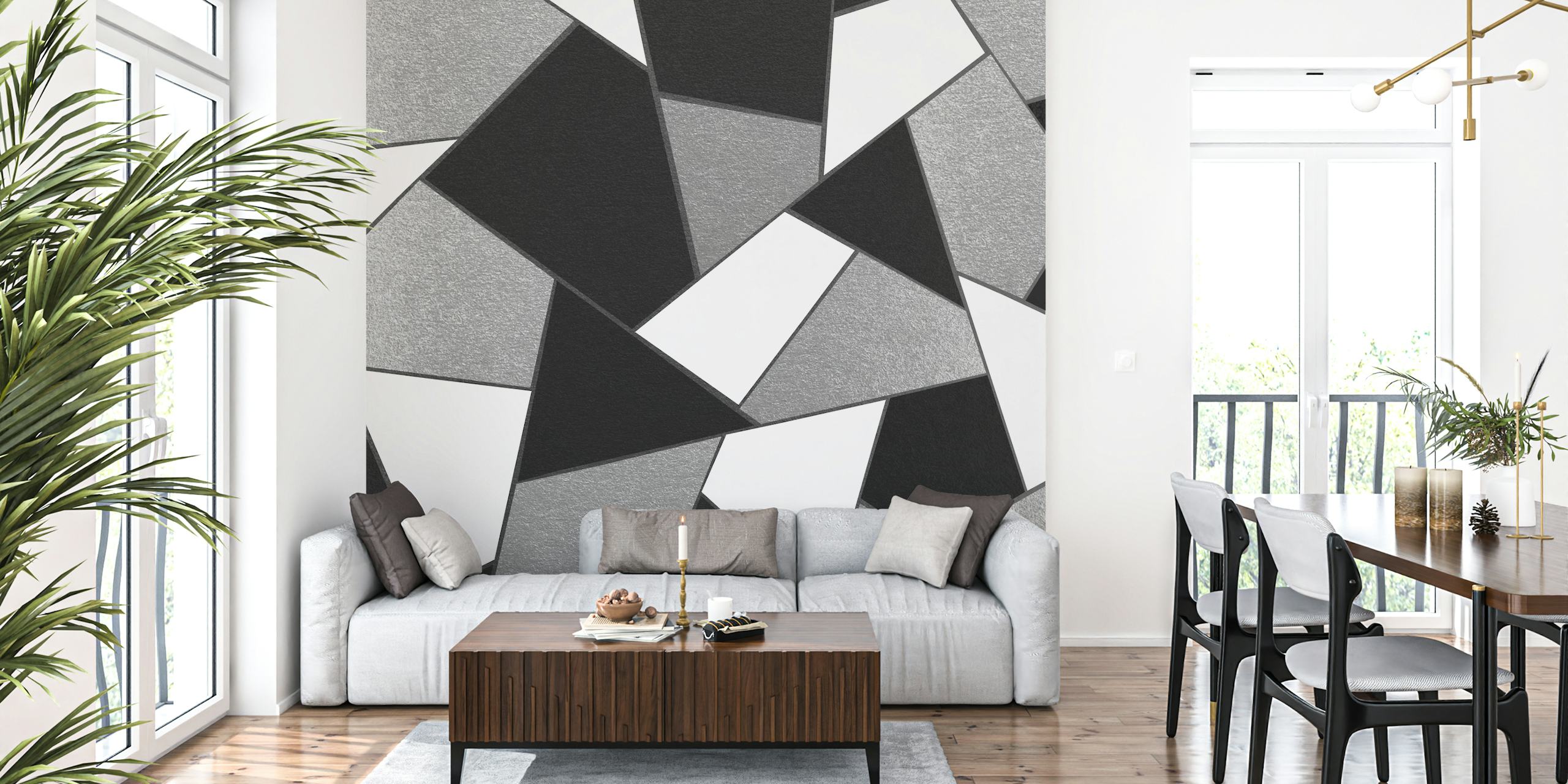 Geometric patterned wallpaper in silver, black, and white colors