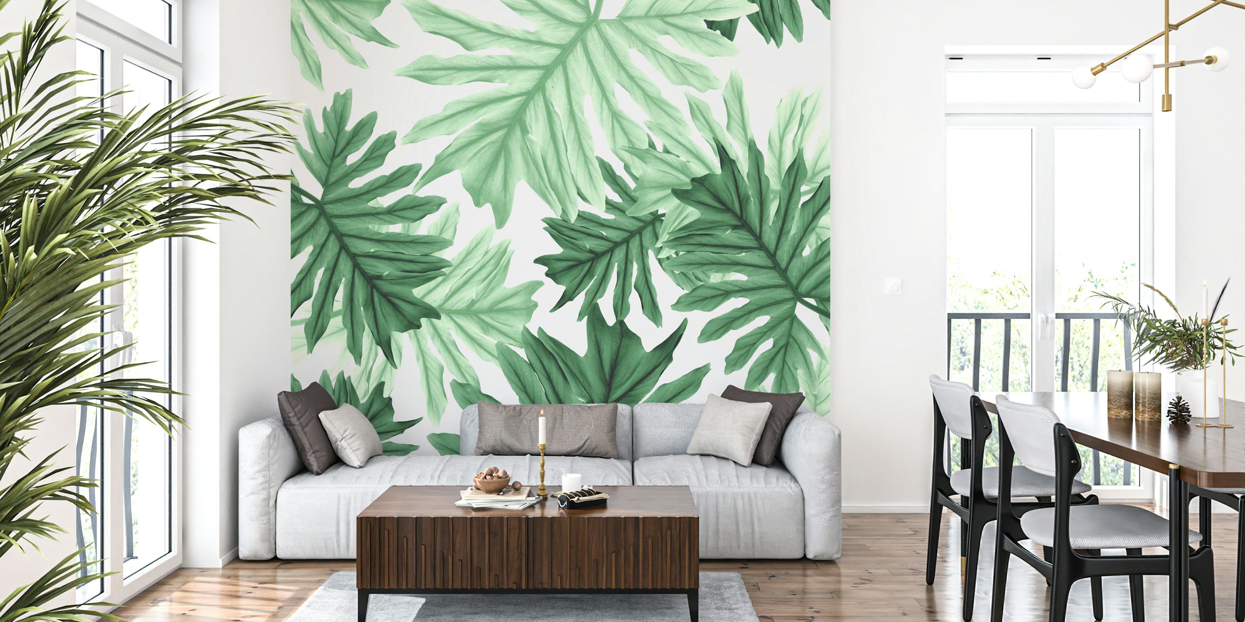 Tropical green leaf wallpaper with various large leaves