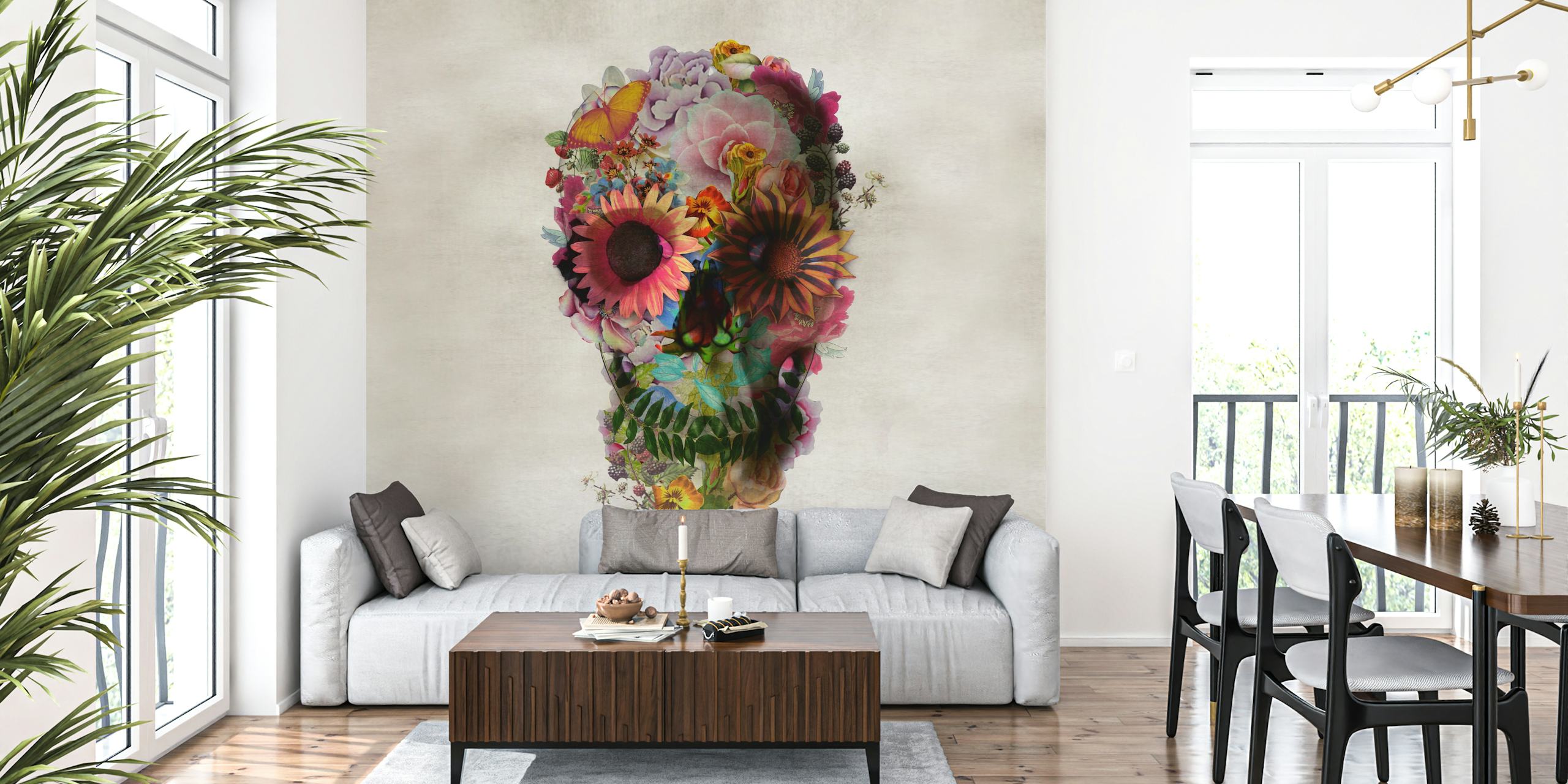 Papel tapiz Skull con flores coloridas