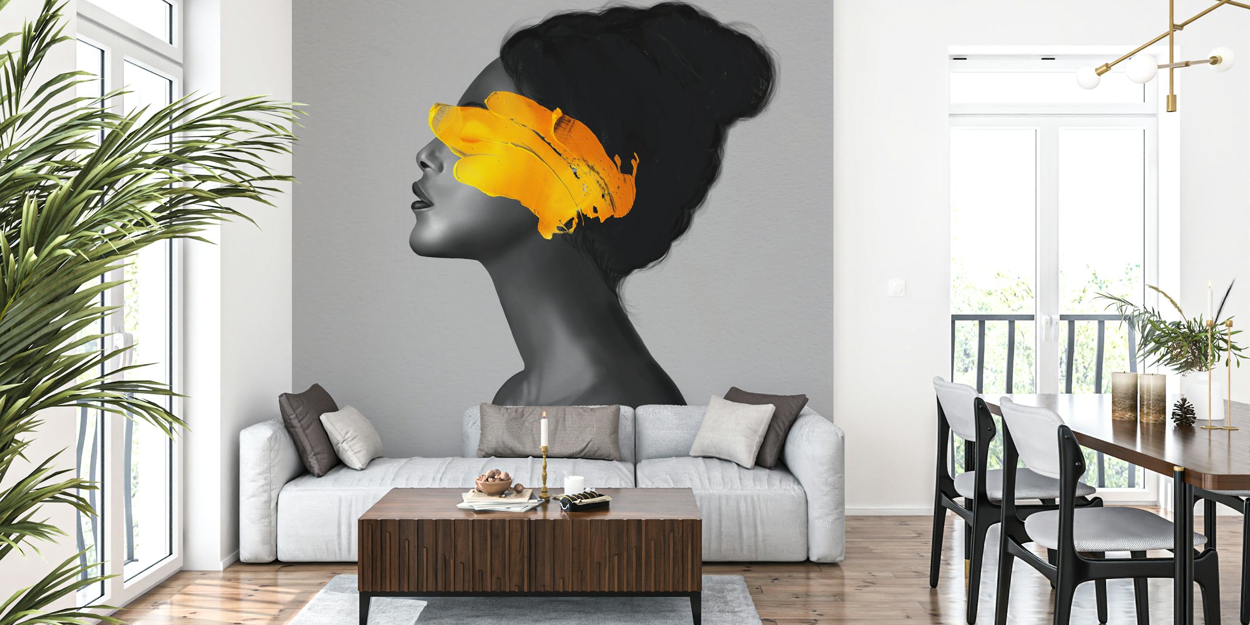 Black abstract silhouette with yellow brush strokes wallpaper