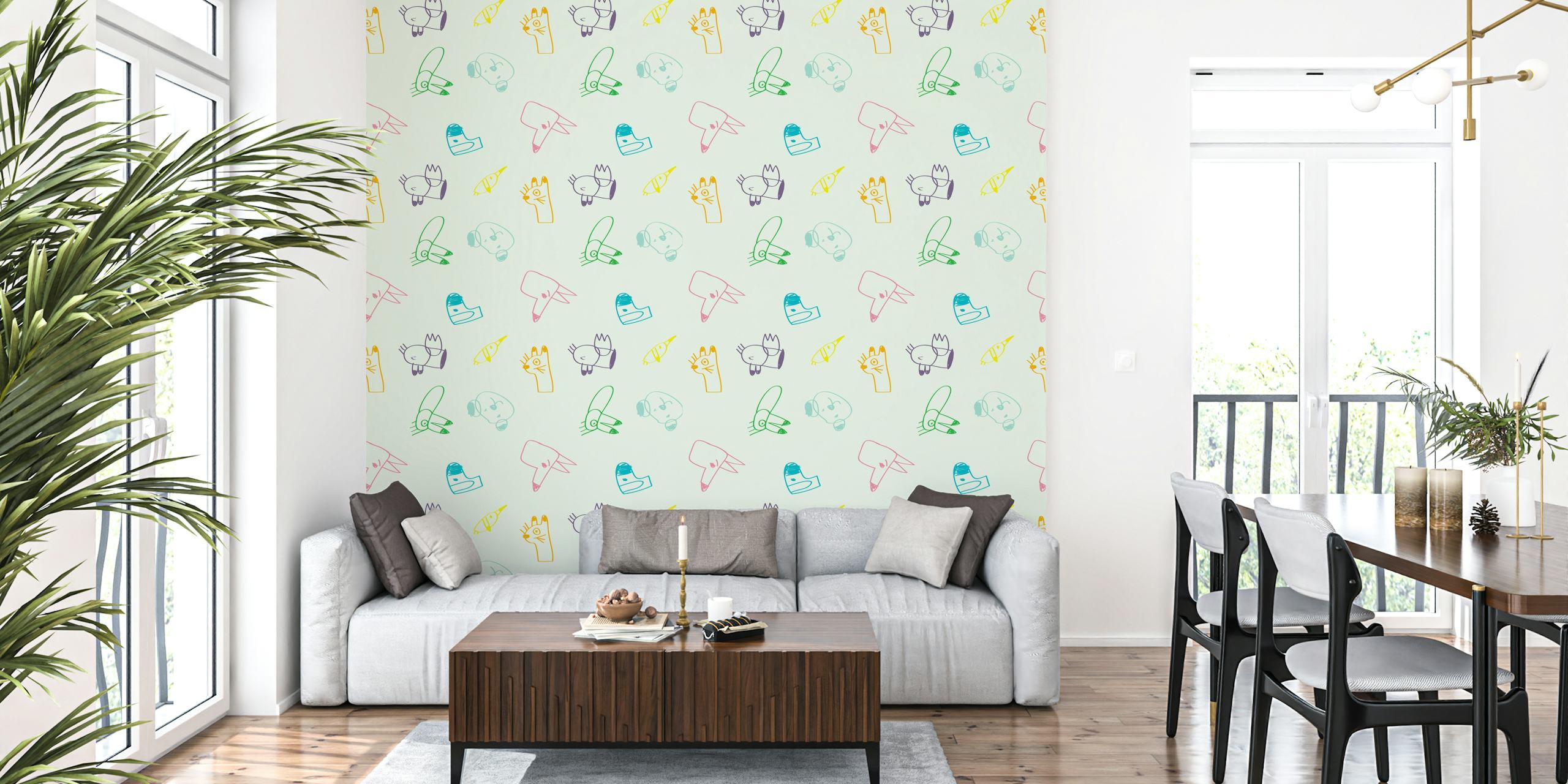 Colorful animal drawings in pastel shades on light background wallpaper