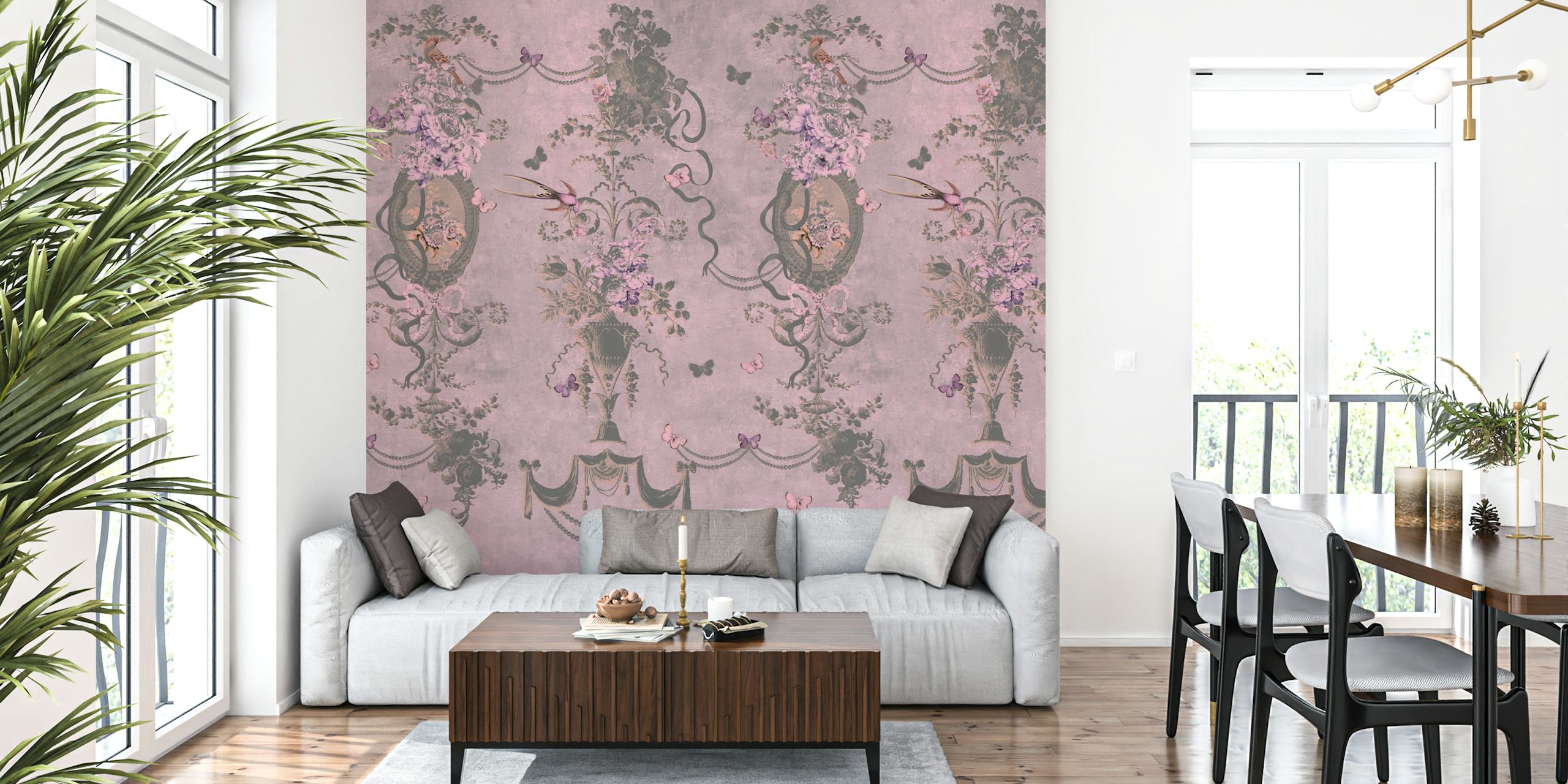 Whimsical dusty pink classic dream wallpaper in a room