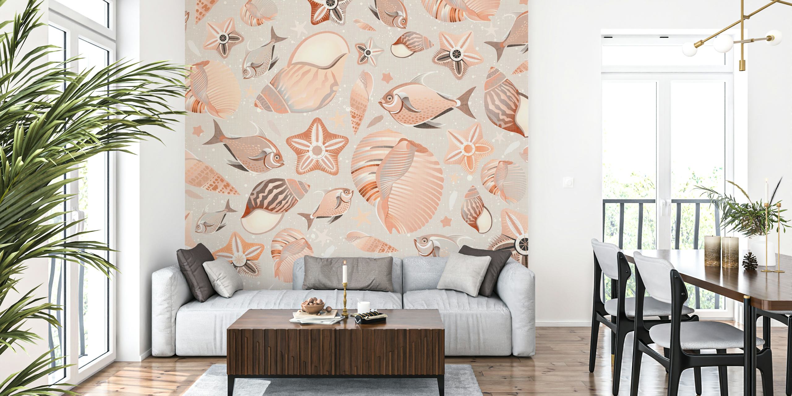 Sea life elements including fish and shells in neutral colors wallpaper