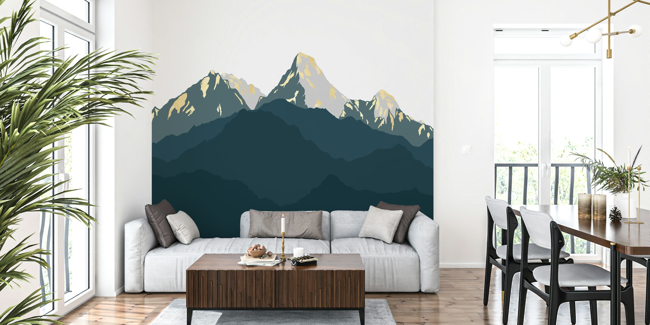 Blue and golden mountains silhouette Tapete in einem Zimmer