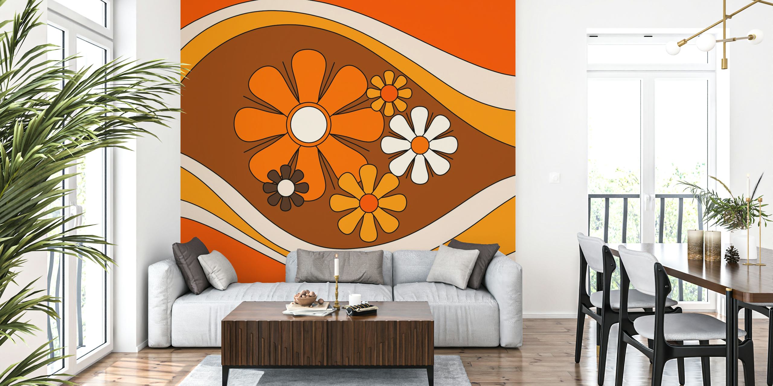Groovy Floral Daydream 70's bloemenbehang in een kamer