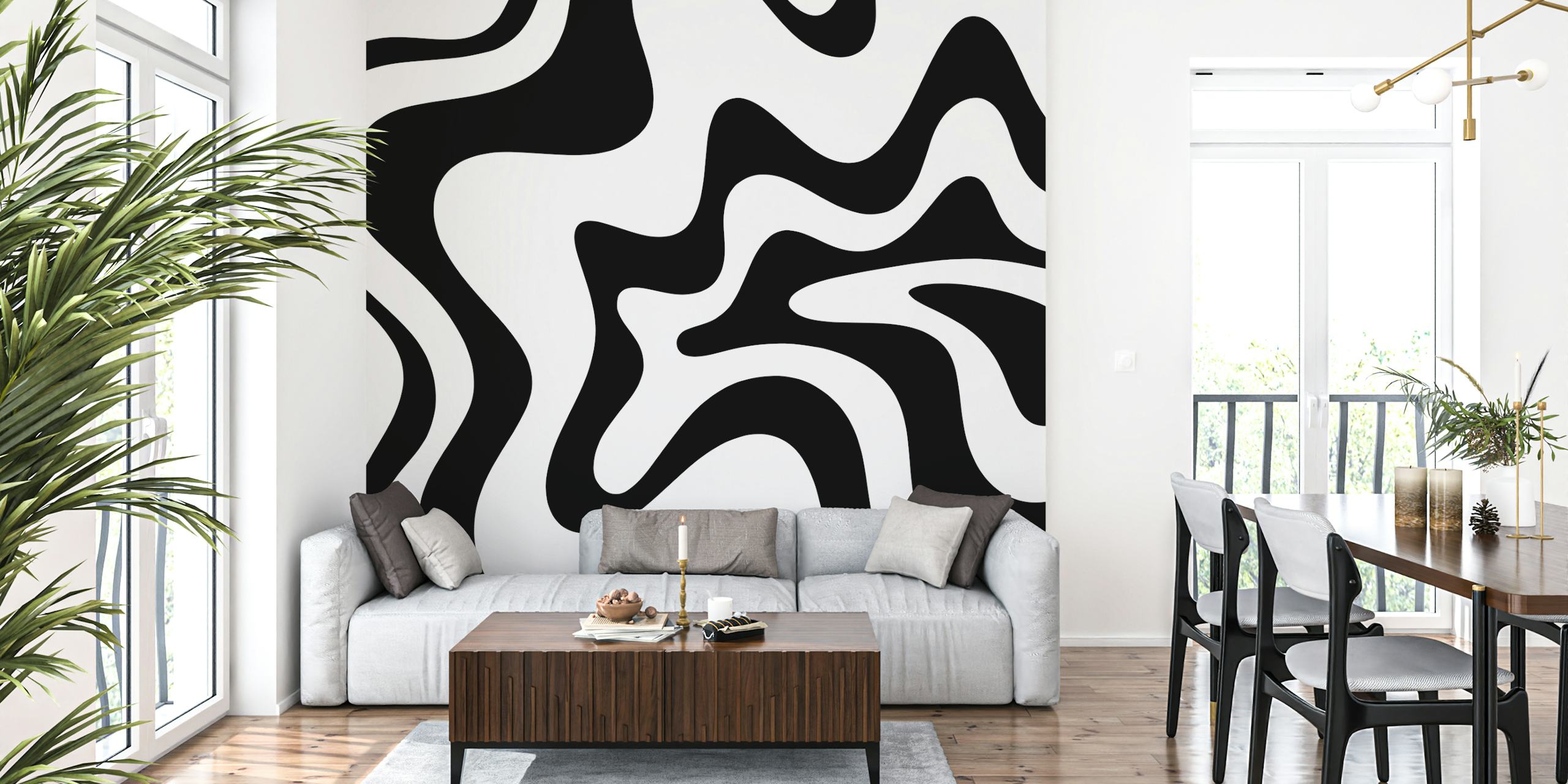 Retro Liquid Swirl svart och vit abstrakt tapet