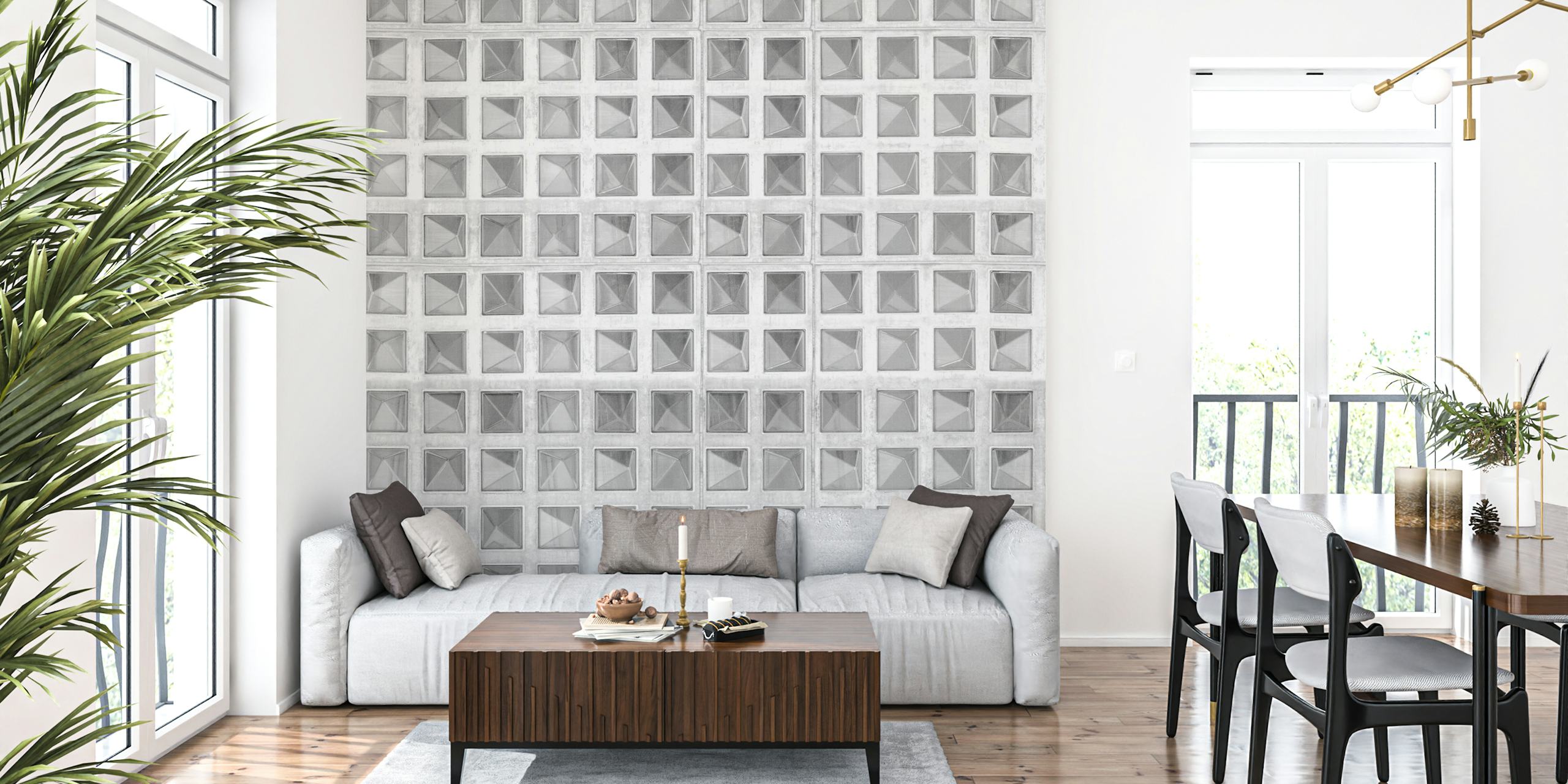 Geometric black and white patterns create a modern wall mural wallpaper.