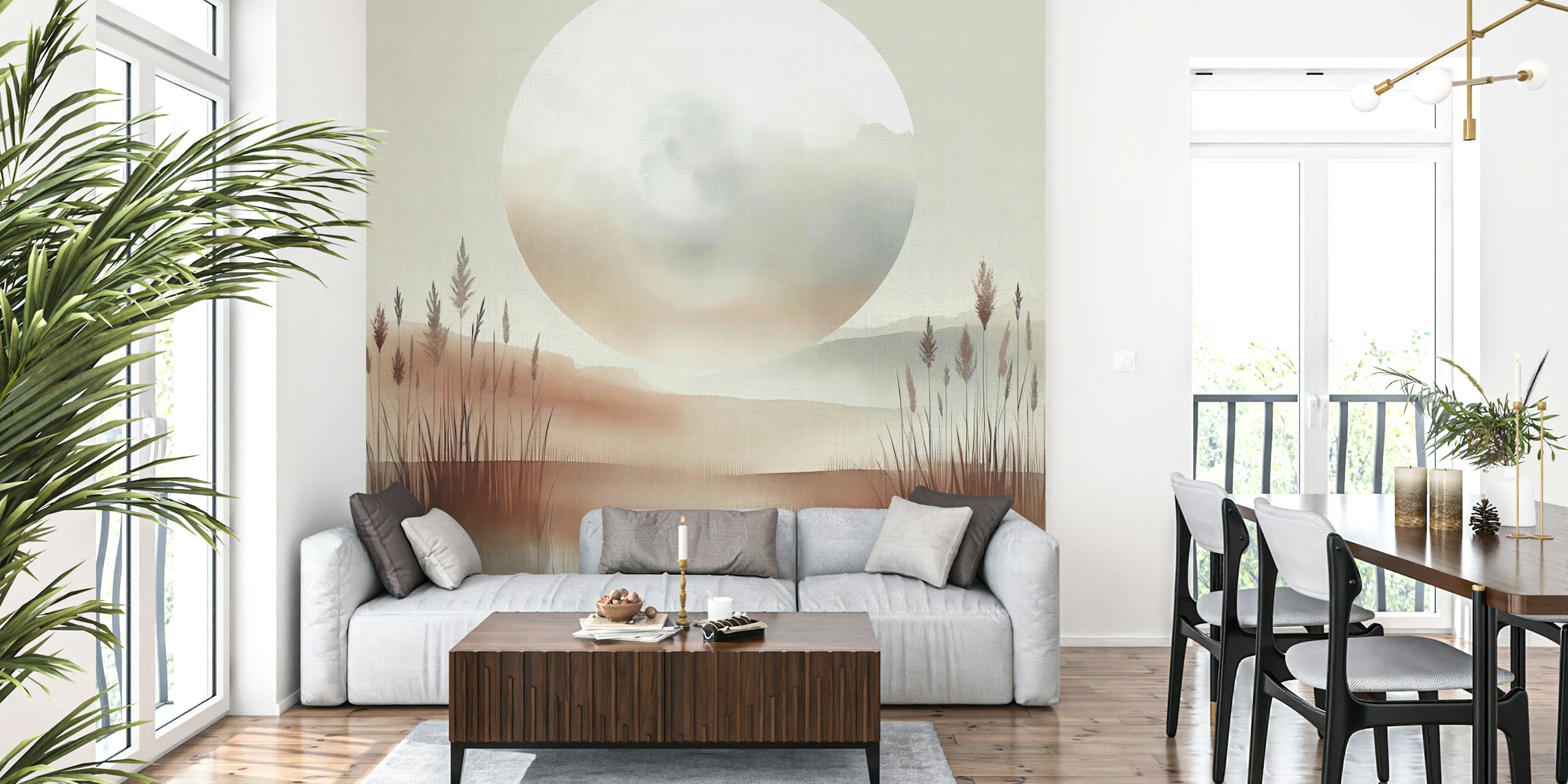 Softer color palette with grasses and large moon wallpaper