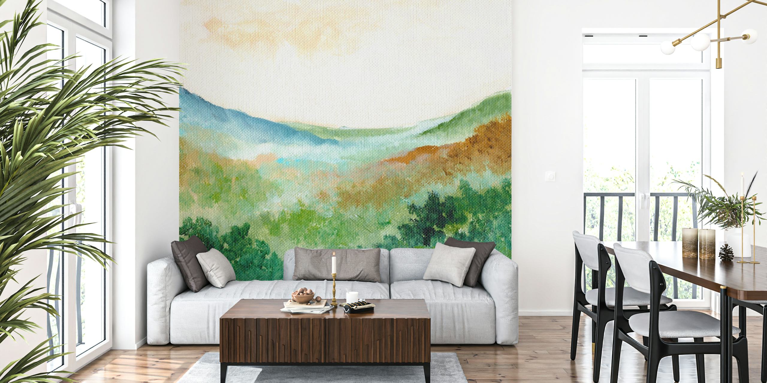 Watercolor hills in soft green and blue wallpaper