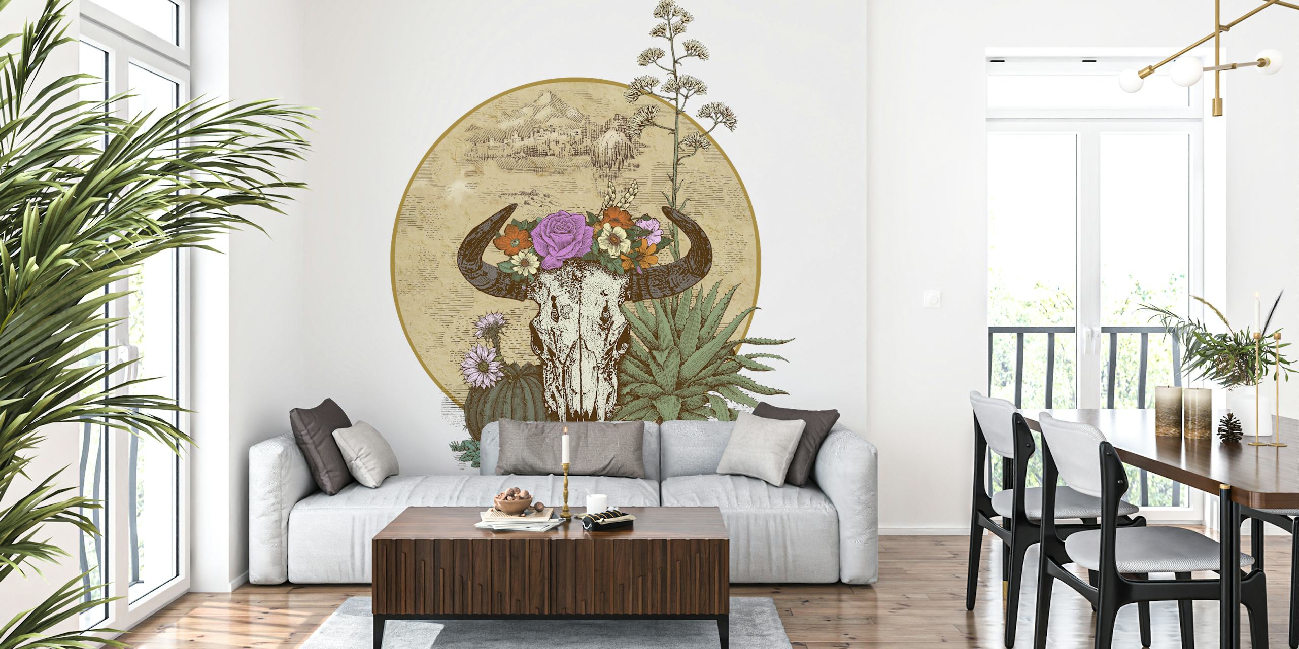 Skull with flowers and plants in front of a circular backdrop wallpaper