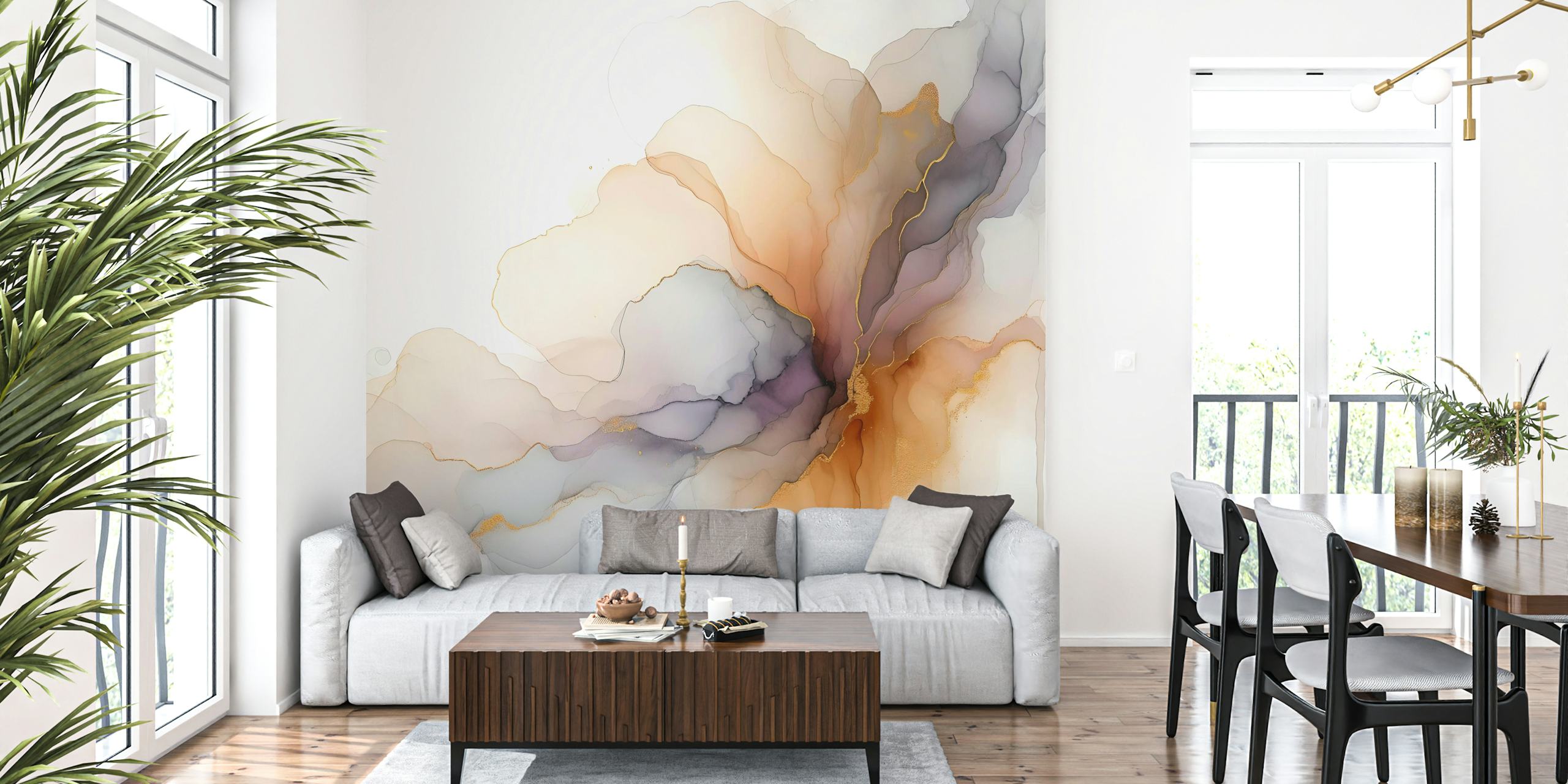Fluid abstract shapes in soft browns and purples wallpaper