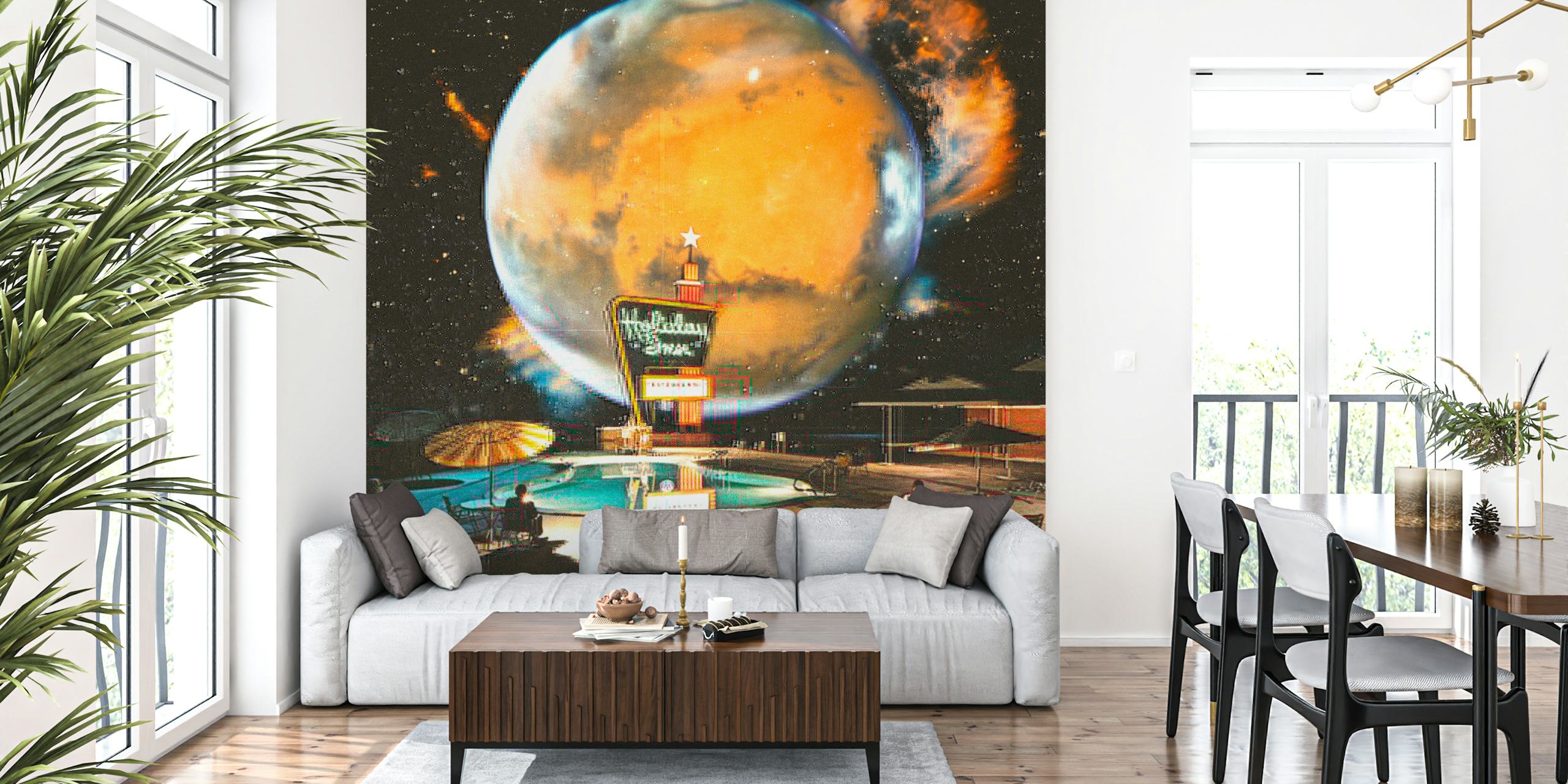 Celestial vintage poolside scene with orange planet wallpaper