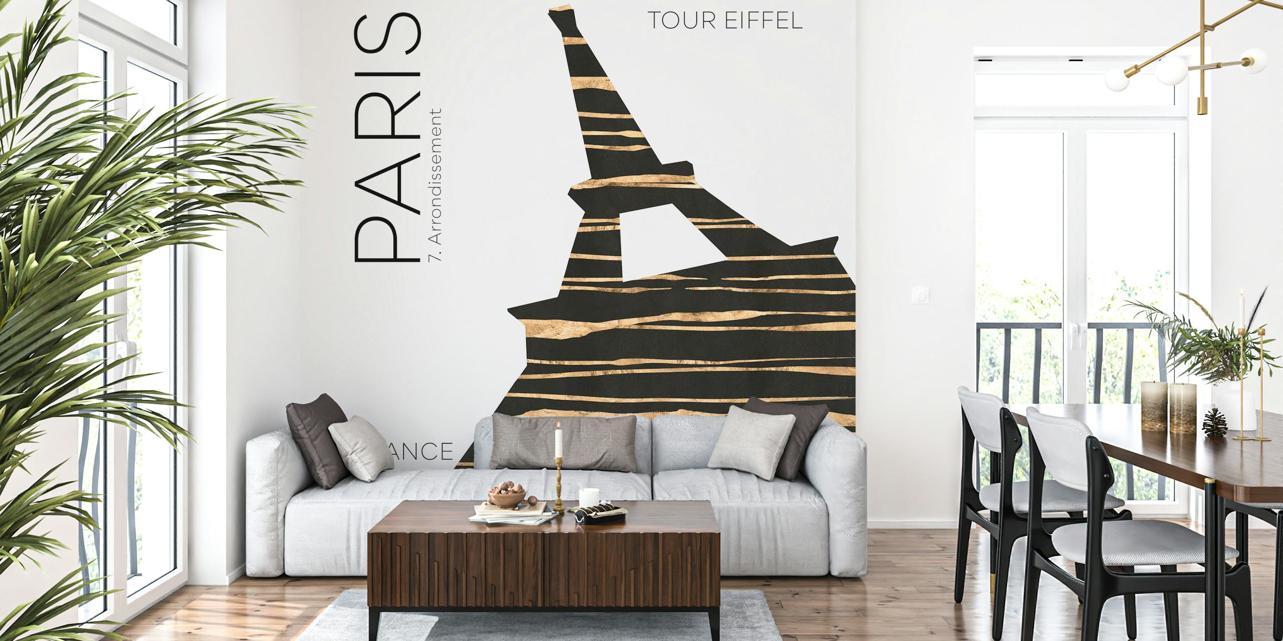 Stylizowana fototapeta miejska Wieża Eiffla z abstrakcyjnymi teksturami i elementami inspirowanymi Paryżem