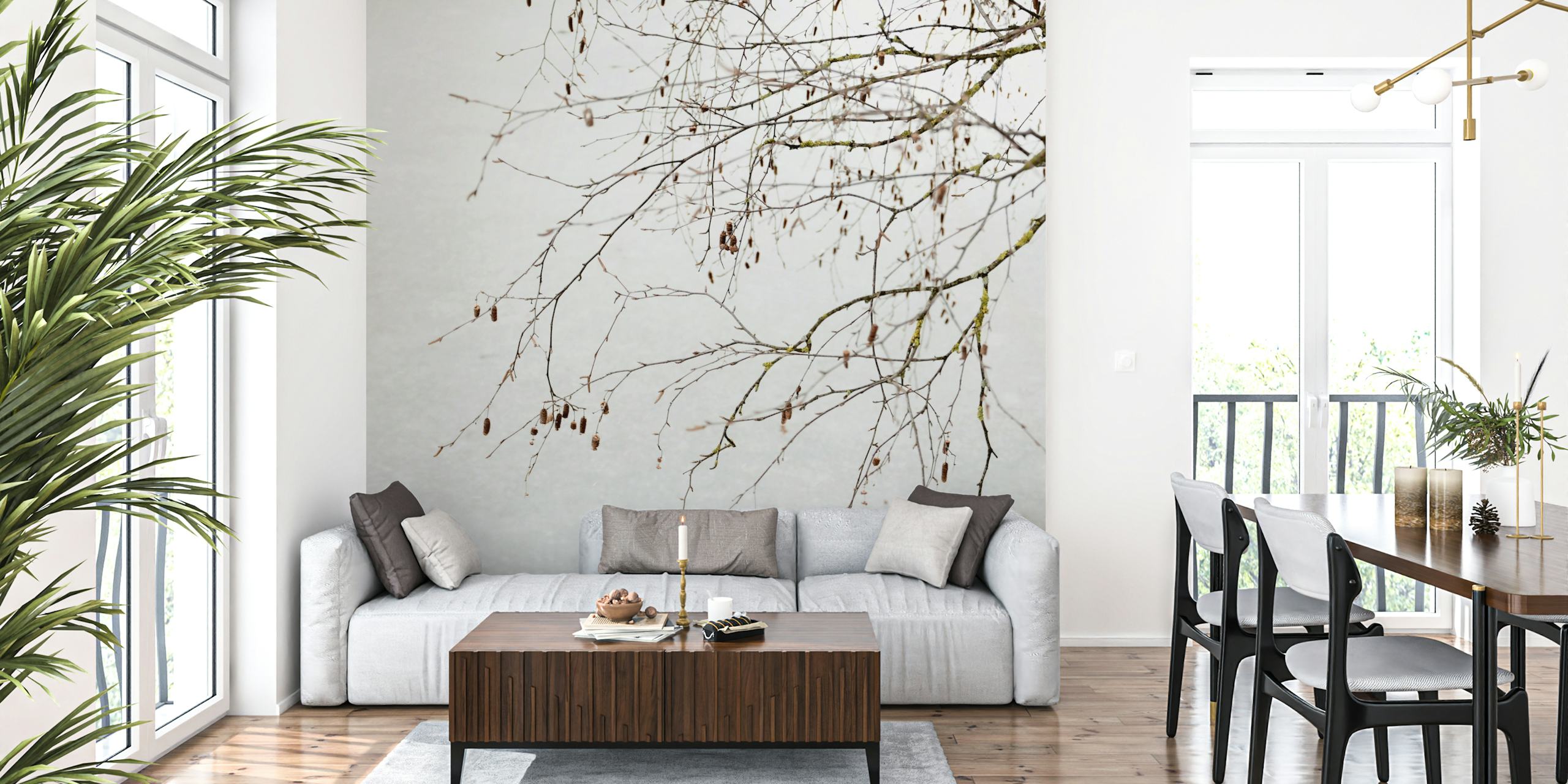Delicate tree branches on soft gray background wallpaper