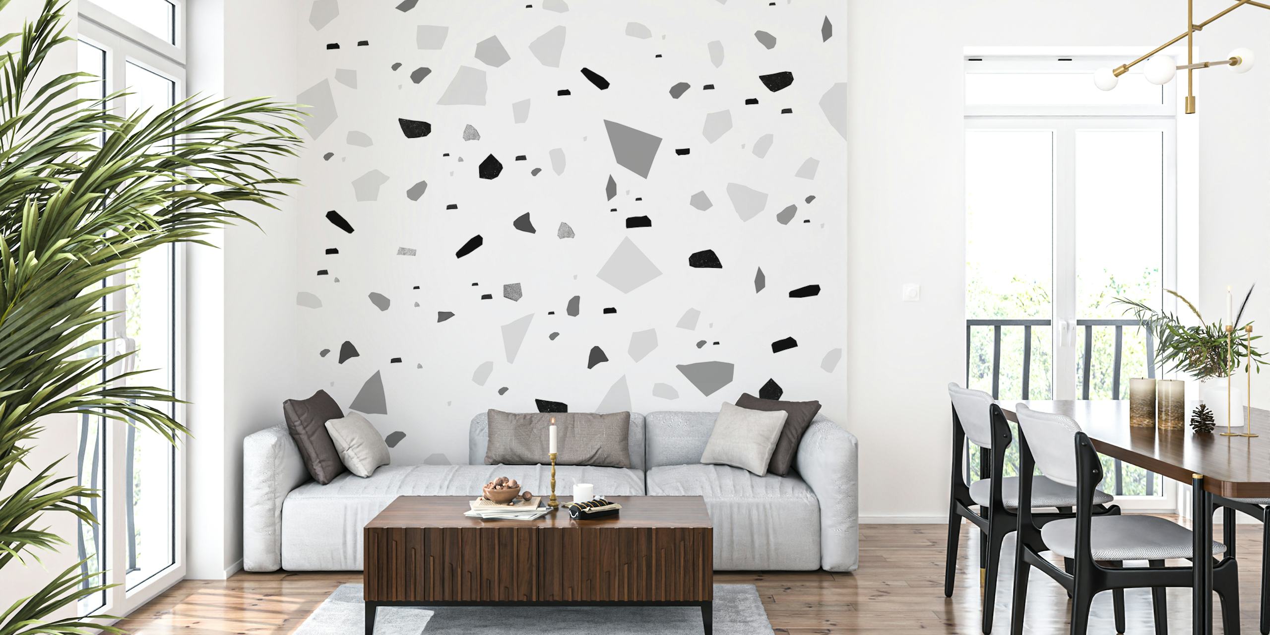 Abstract terrazzo pattern in black, gray, and white wallpaper