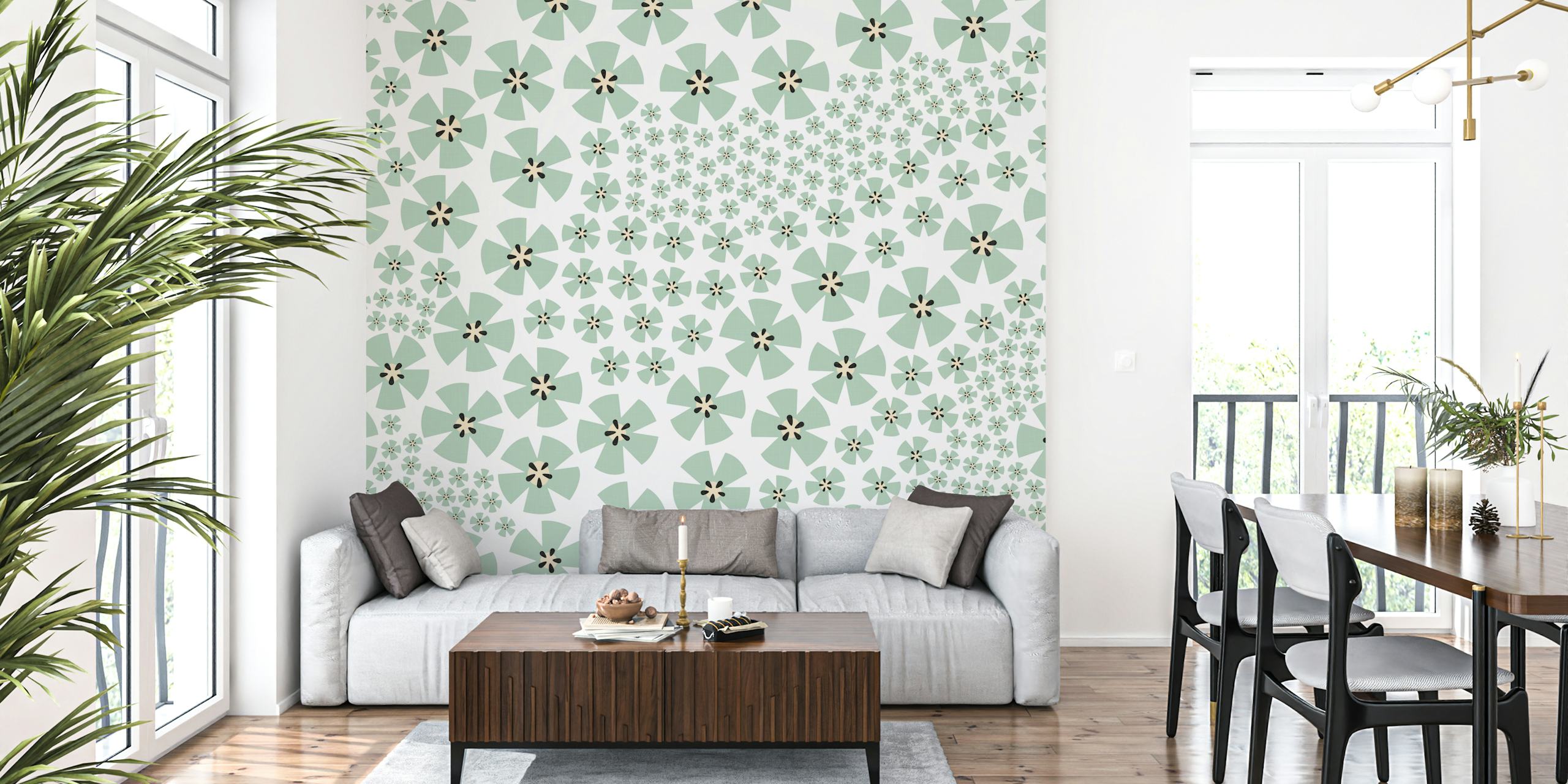 Sage green floral wallpaper with black center flowers and small white accents