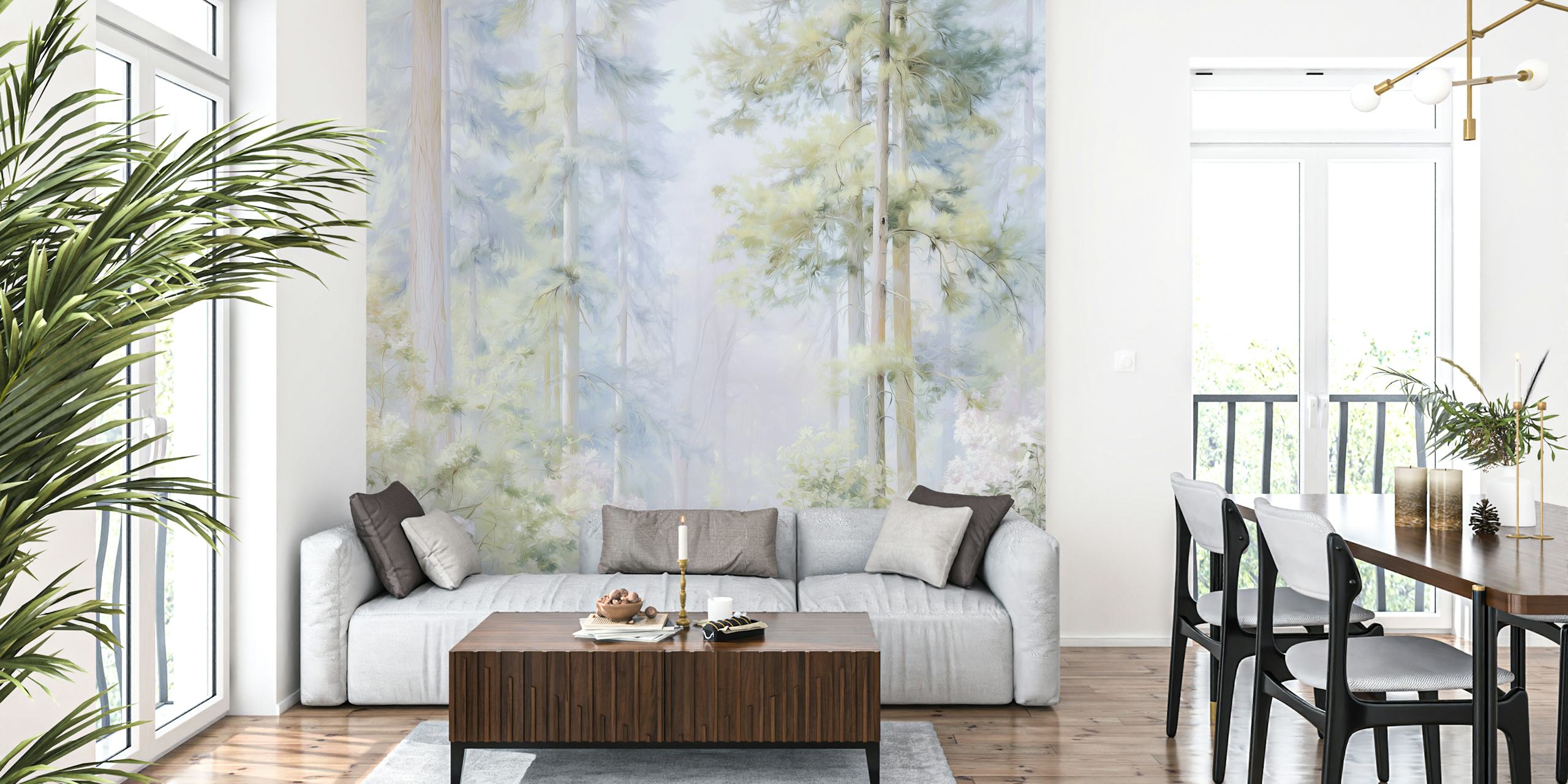Floral forest scene in soft colors with trees and flowers wallpaper