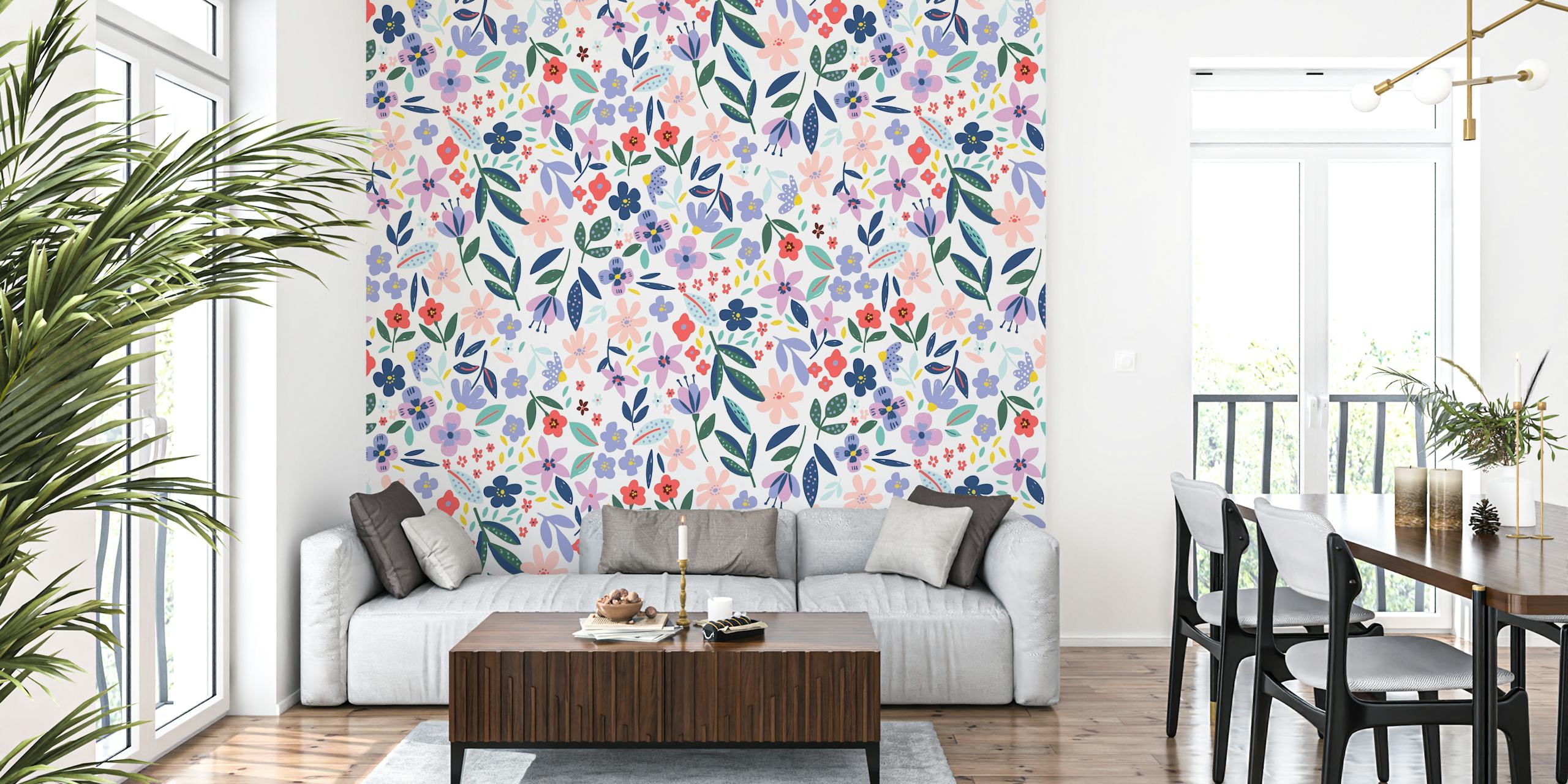 Maximalist bright bold florals - Pink purple květinová tapeta v místnosti