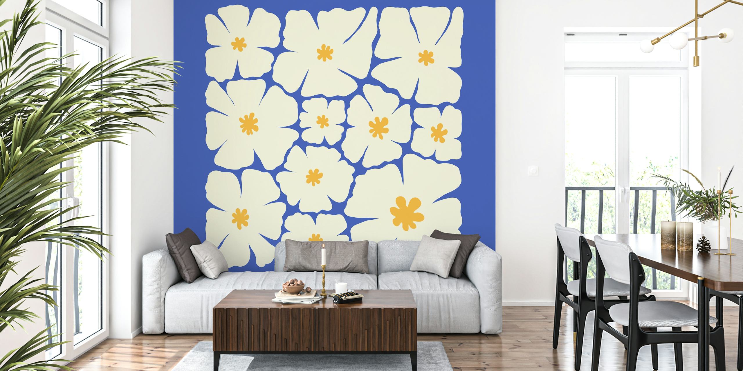 Blue floral wallpaper with cream and yellow flowers