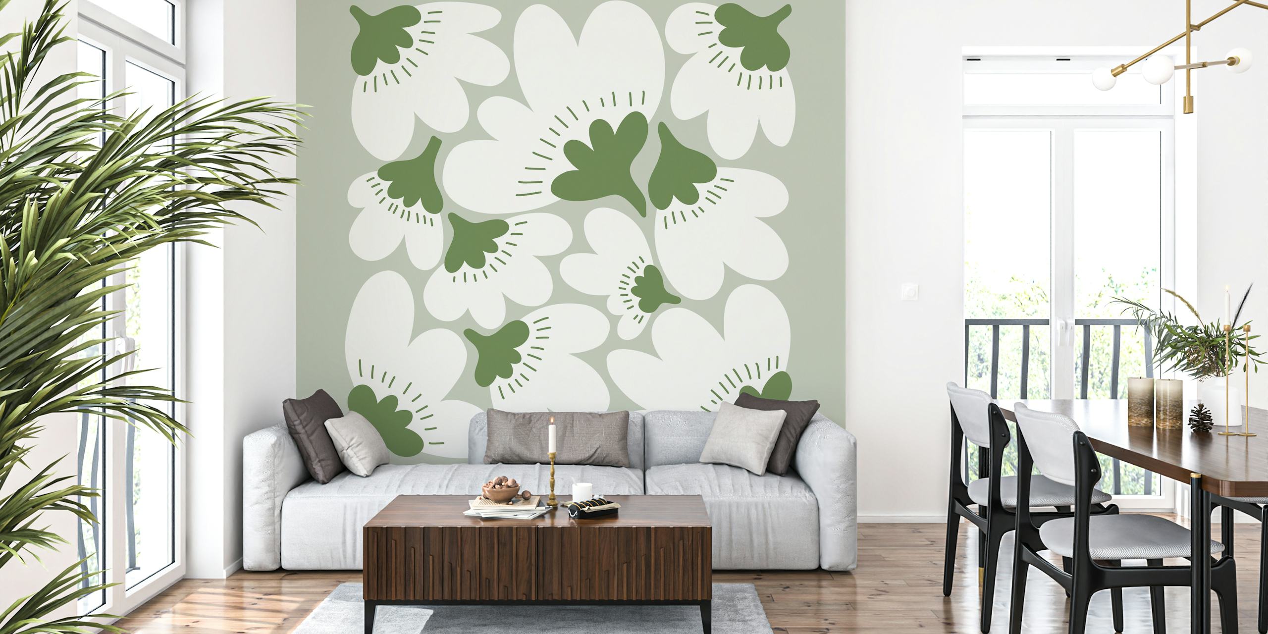Soft green floral wallpaper in a room