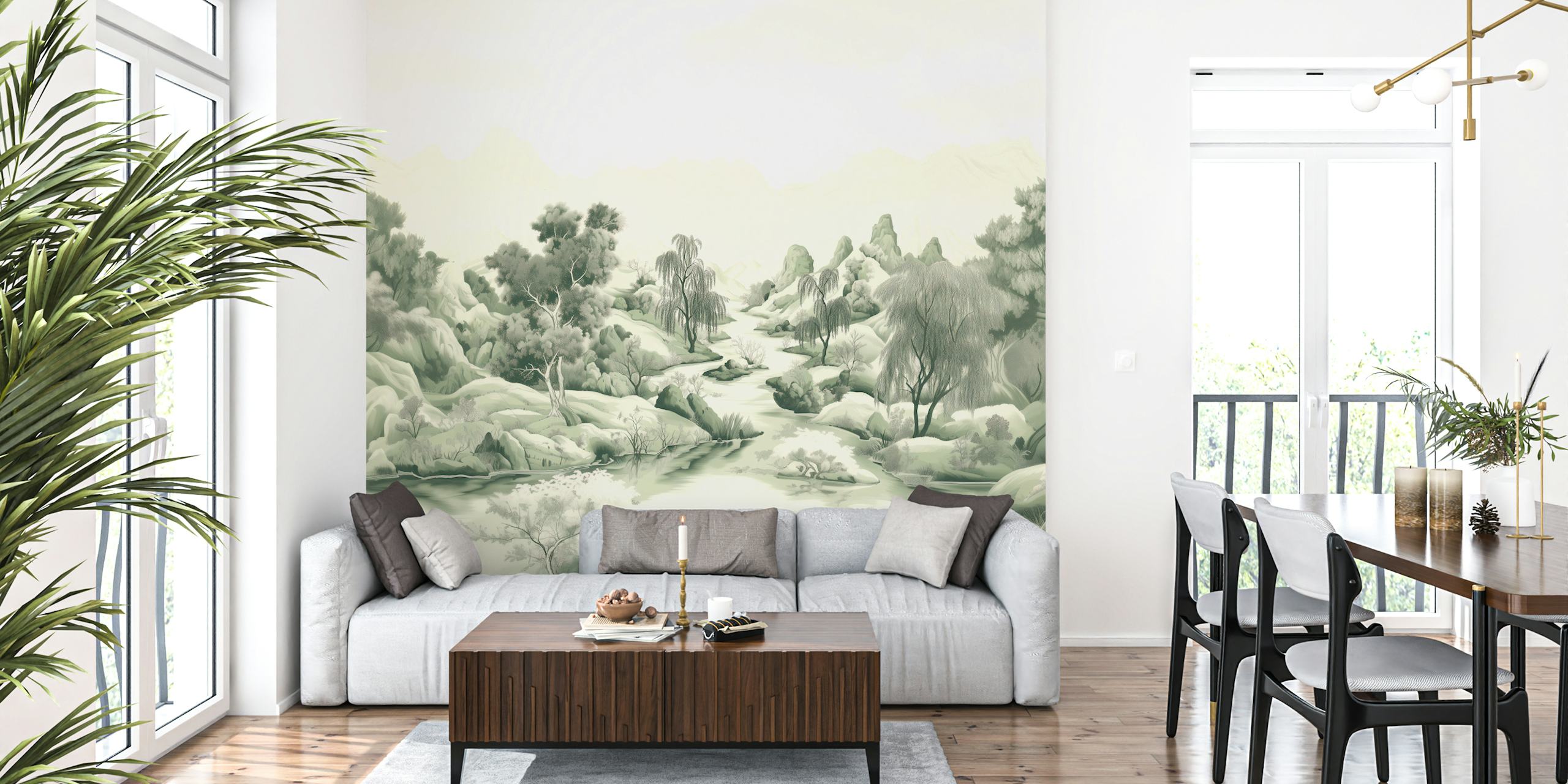 Lush river valley landscape with greenery and mountains wallpaper