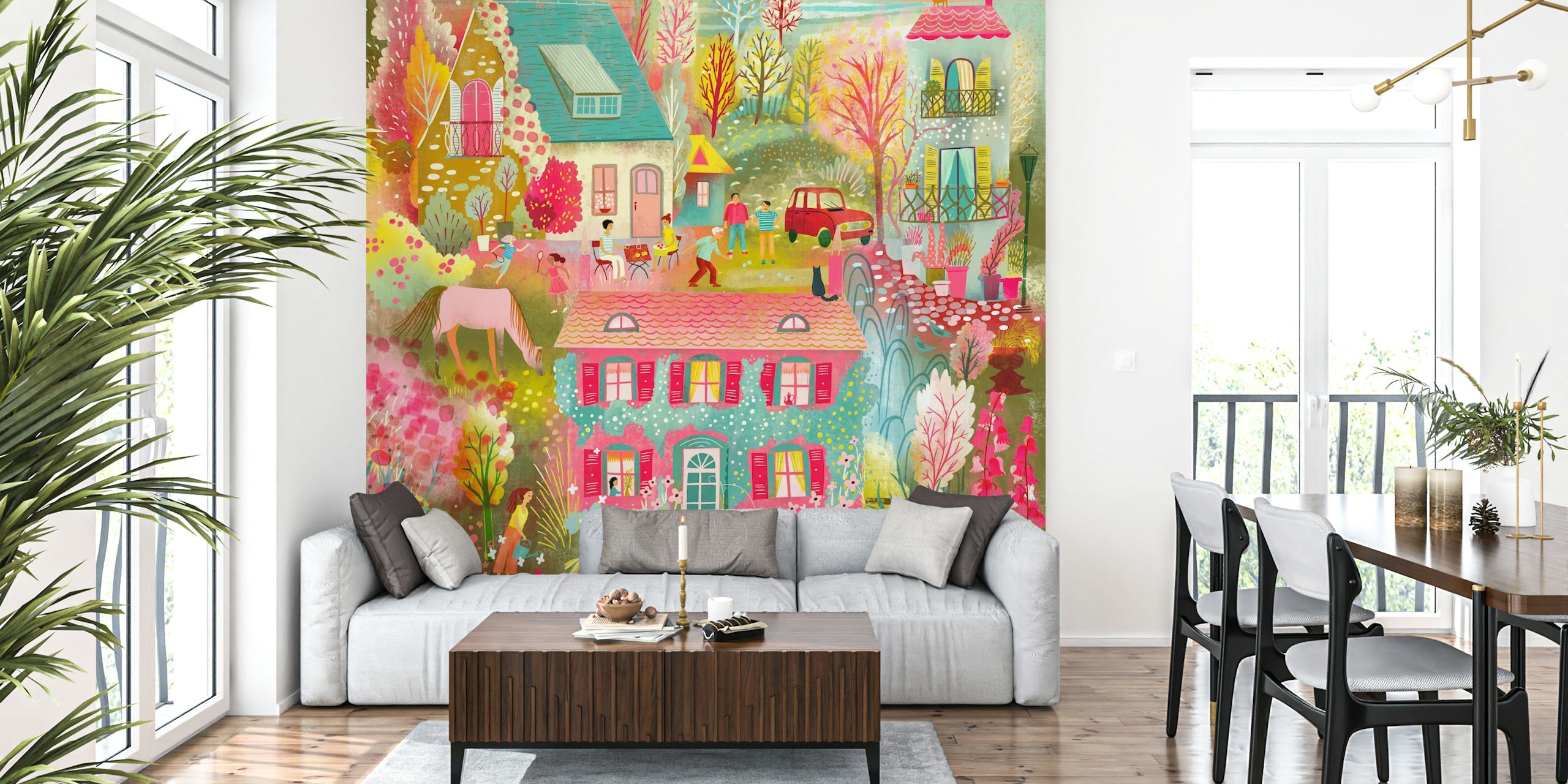 Bohemian cottages wallpaper in a cozy room
