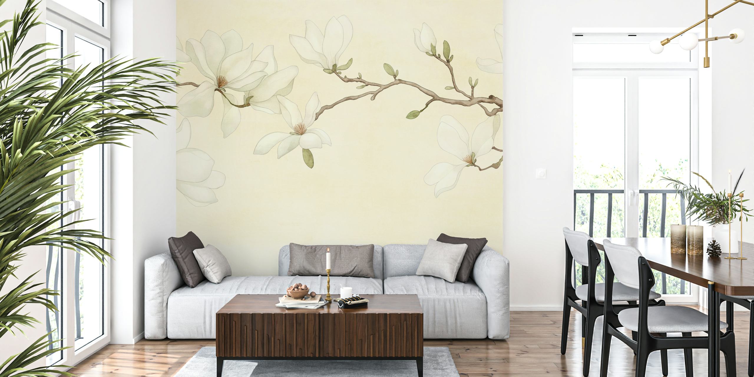 Graceful Magnolia Art Vanilla Cream Carta da parati in una stanza
