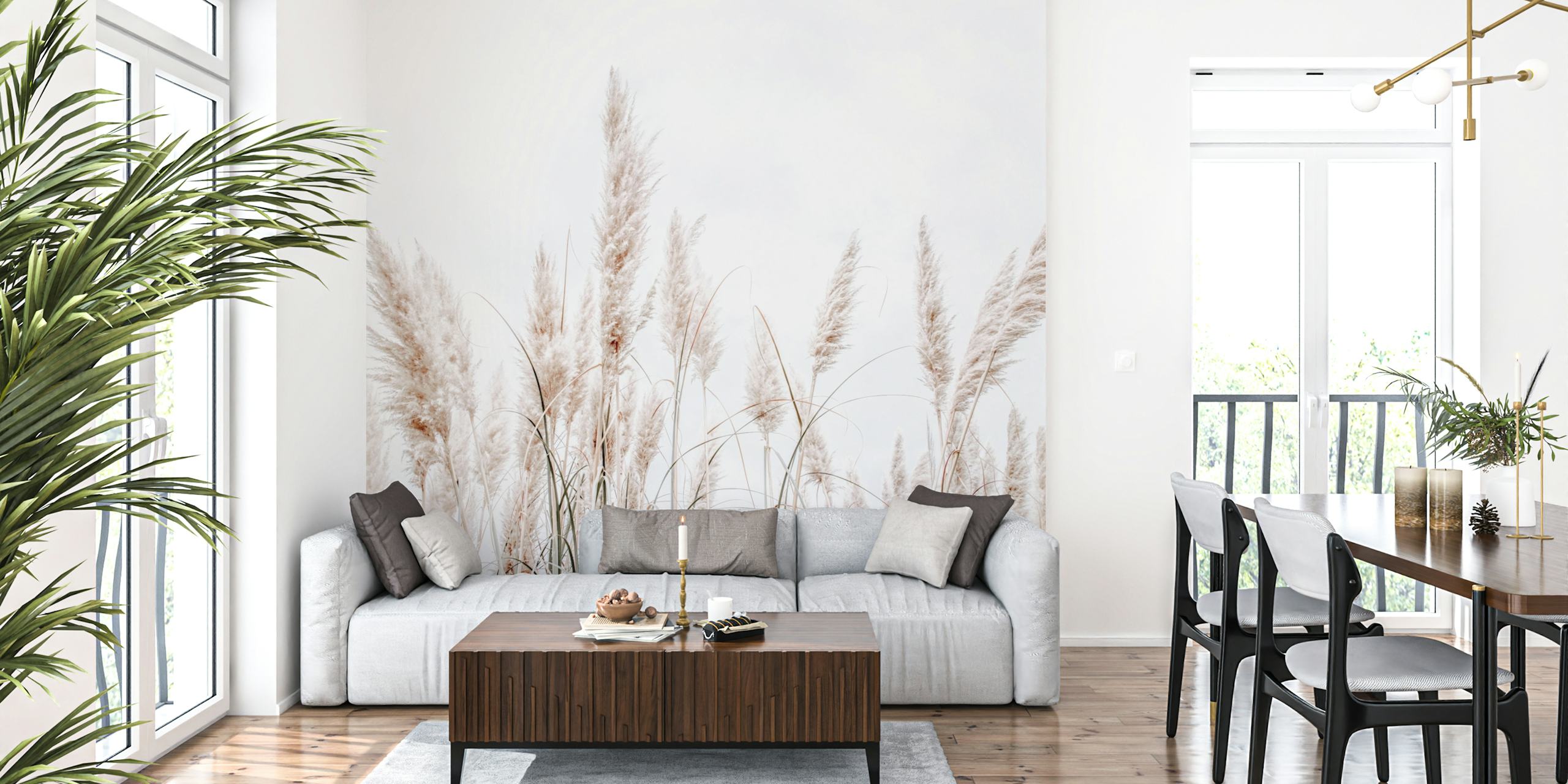 Clean White Pampas Grass behang in een kamer