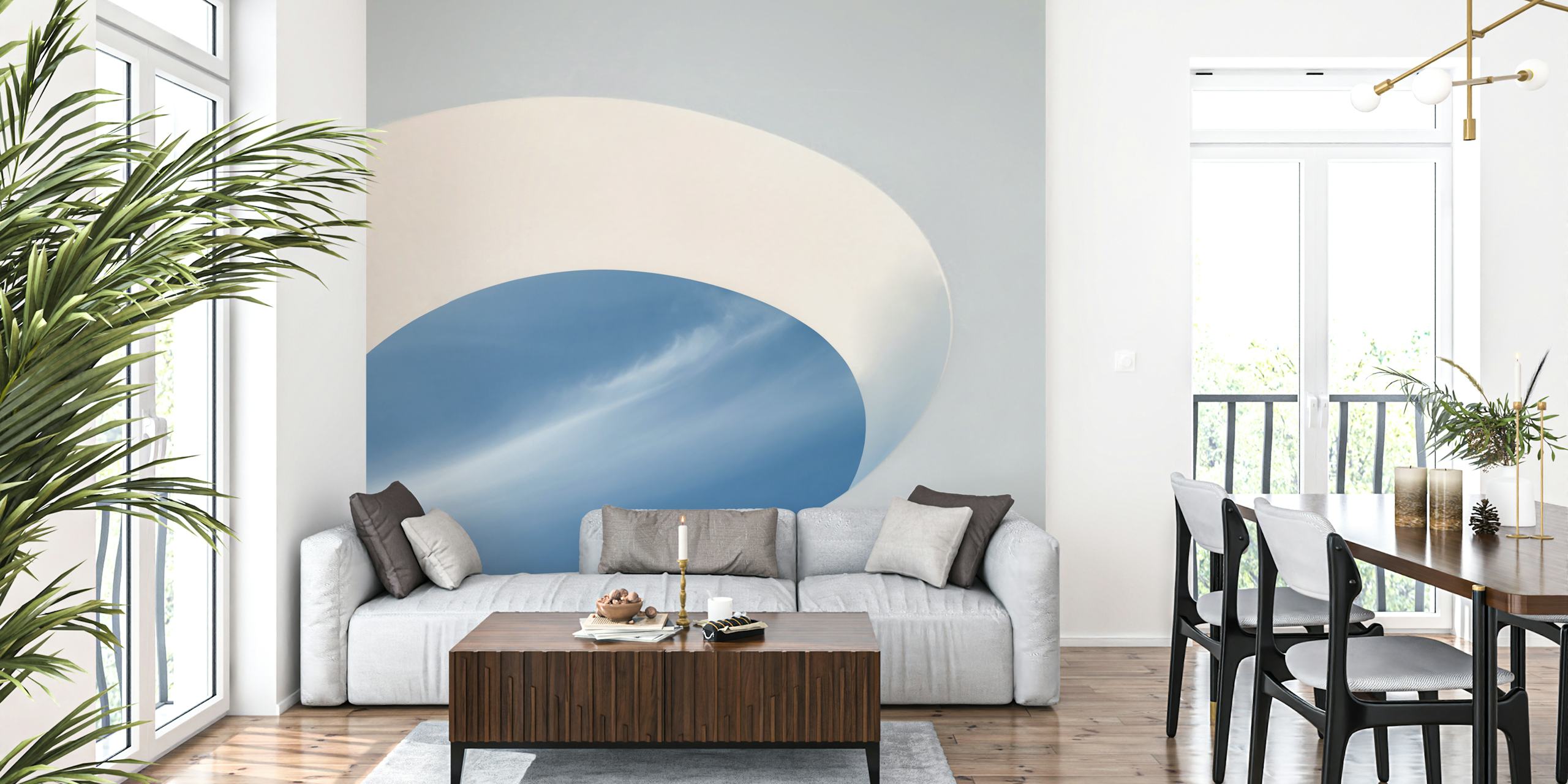 Abstract sky view mural through an oval shape